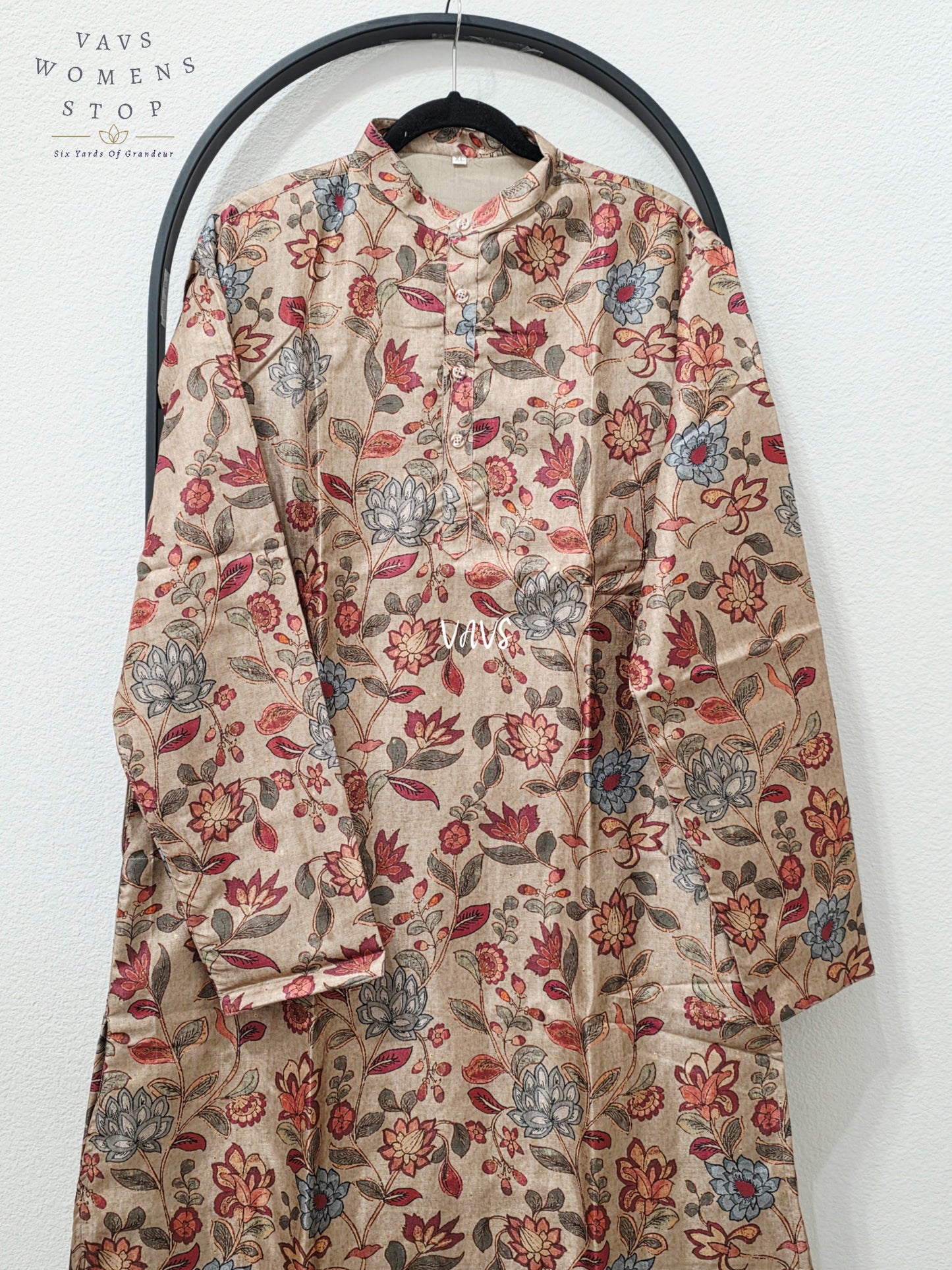 Men’s Antique Champagne Taupe Tussar Silk Kalamkari Floral Kurta – XL