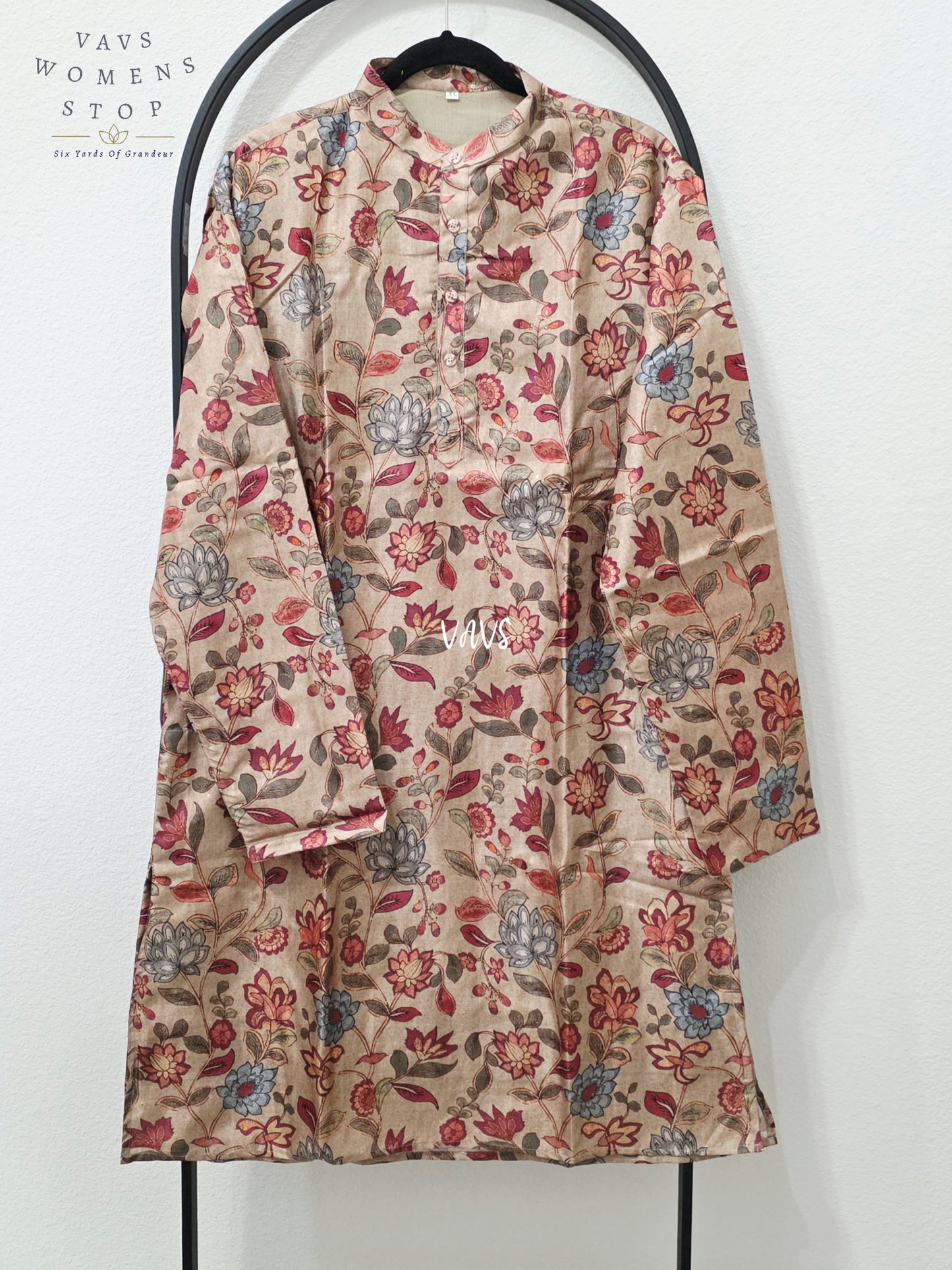 Men’s Antique Champagne Taupe Tussar Silk Kalamkari Floral Kurta – XL