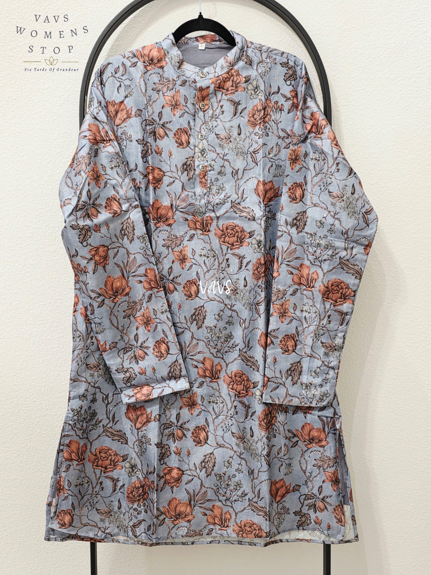 Men’s Powder Blue Tussar Silk Kalamkari Floral Kurta – XL