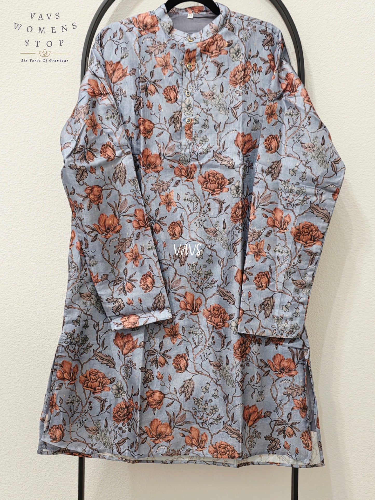 Men’s Powder Blue Tussar Silk Kalamkari Floral Kurta – XL