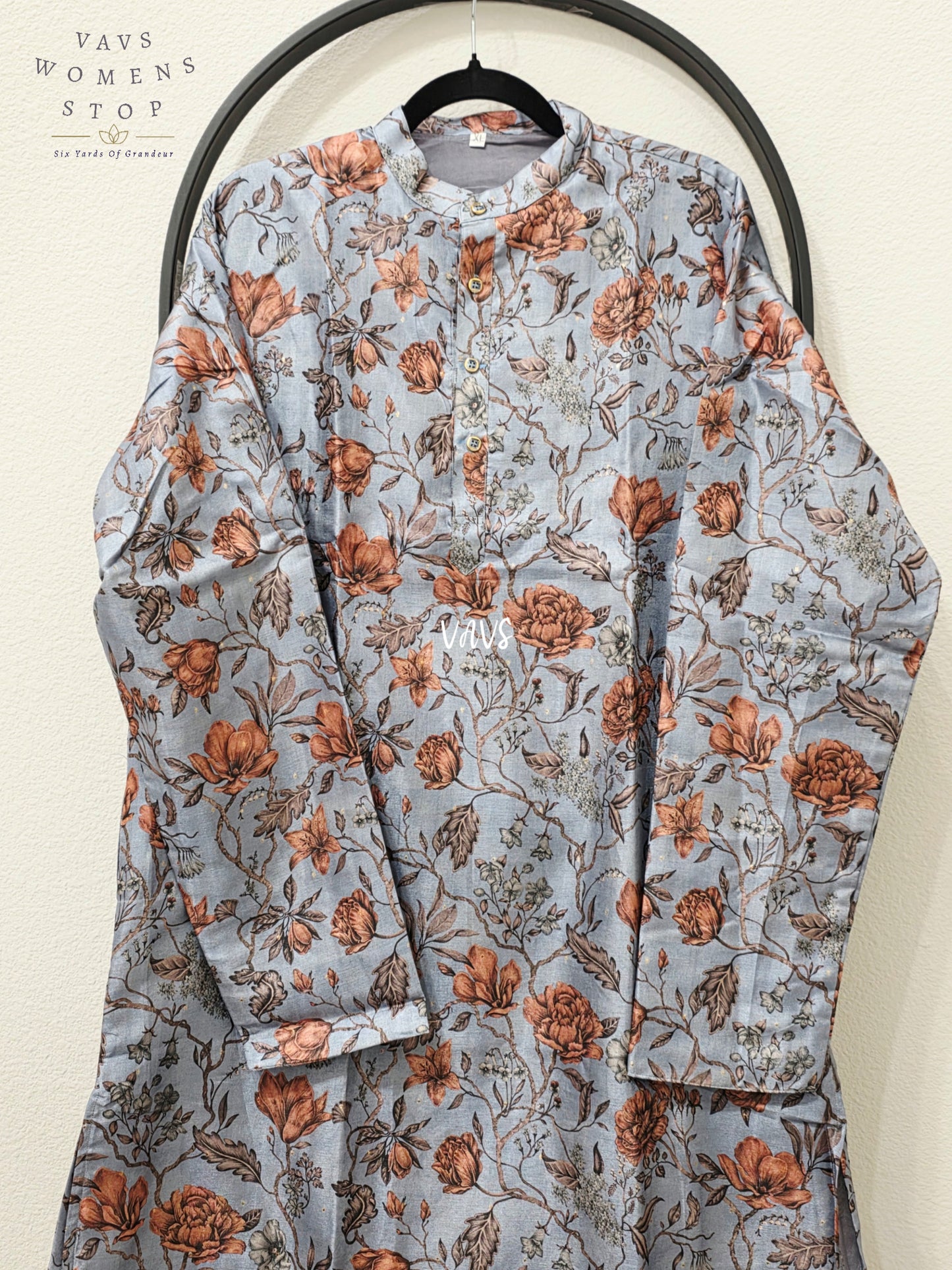 Men’s Powder Blue Tussar Silk Kalamkari Floral Kurta – XL
