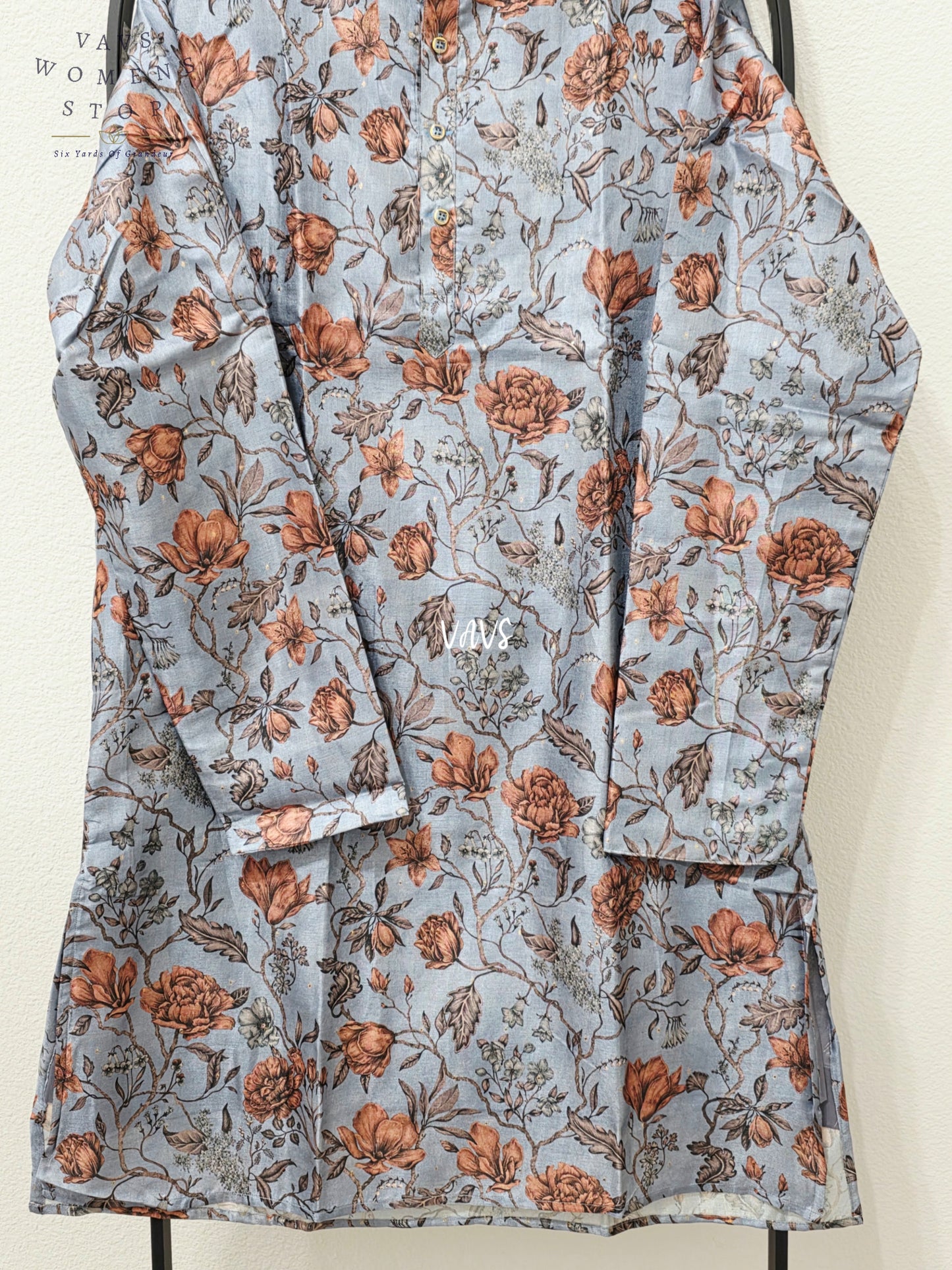 Men’s Powder Blue Tussar Silk Kalamkari Floral Kurta – XL