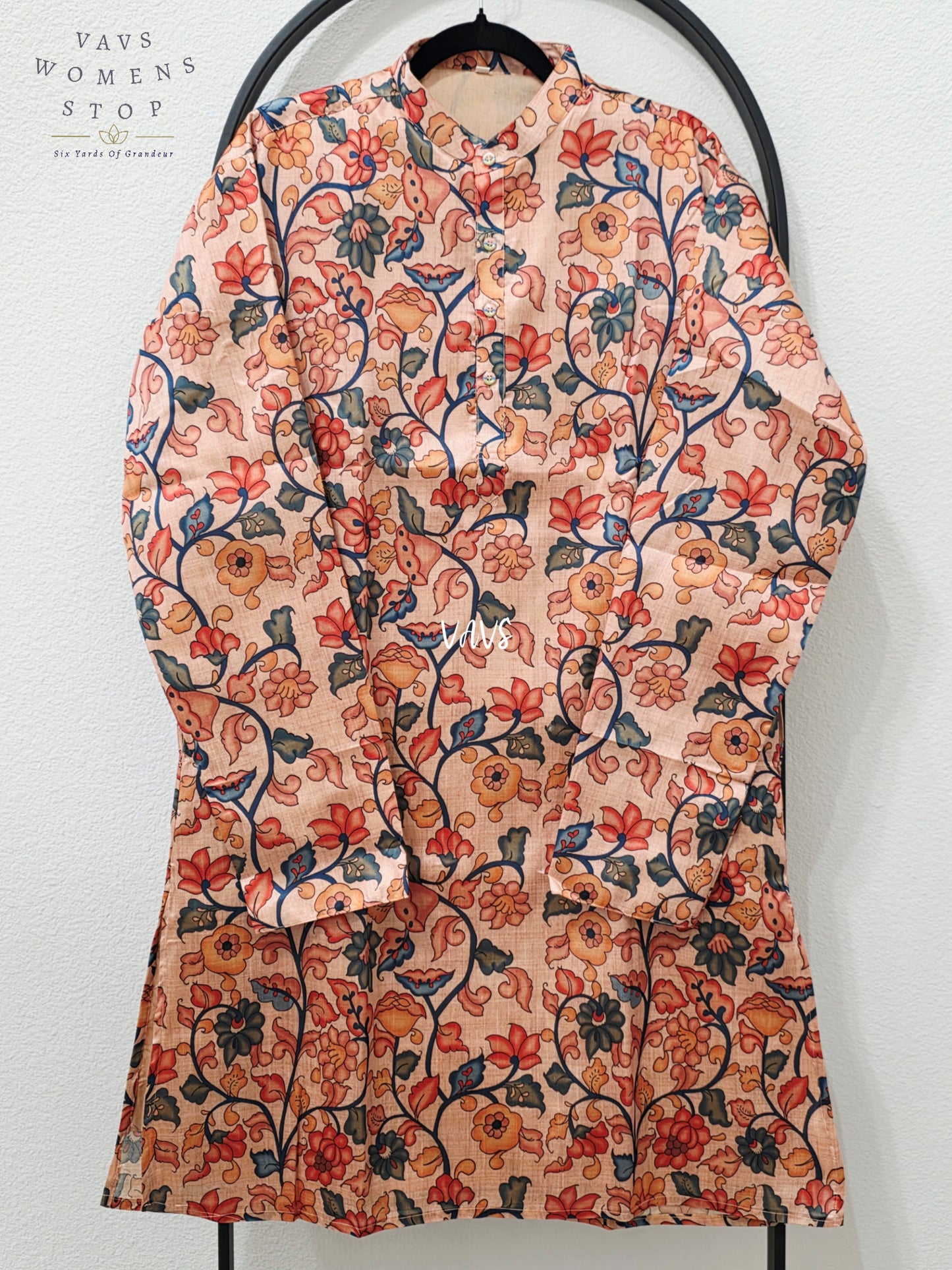 Men’s Soft Apricot Peach Tussar Silk Kalamkari Floral Kurta – XL