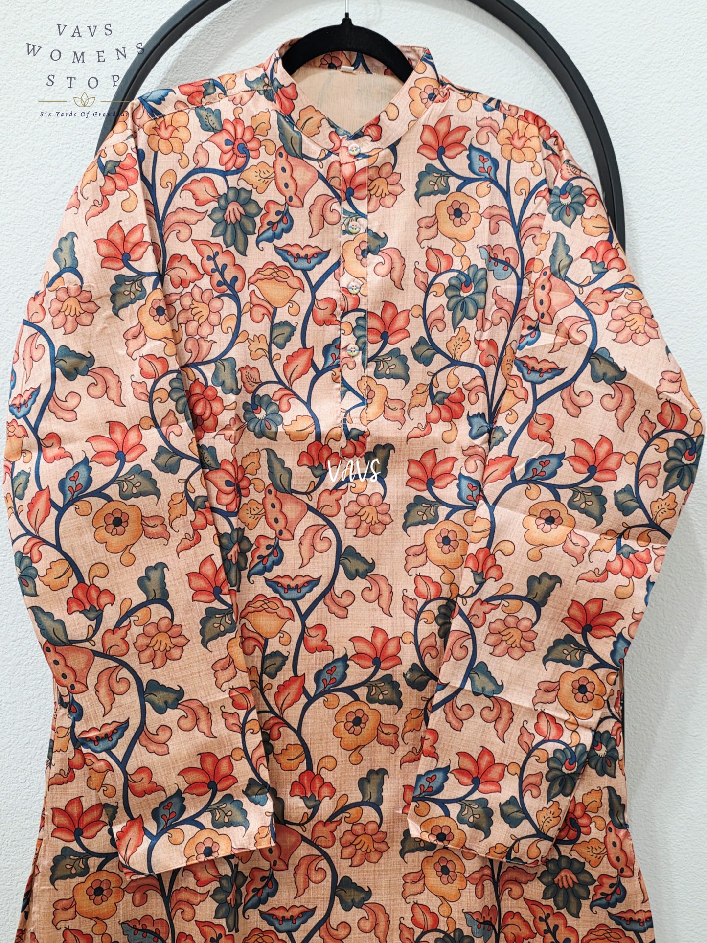Men’s Soft Apricot Peach Tussar Silk Kalamkari Floral Kurta – XL