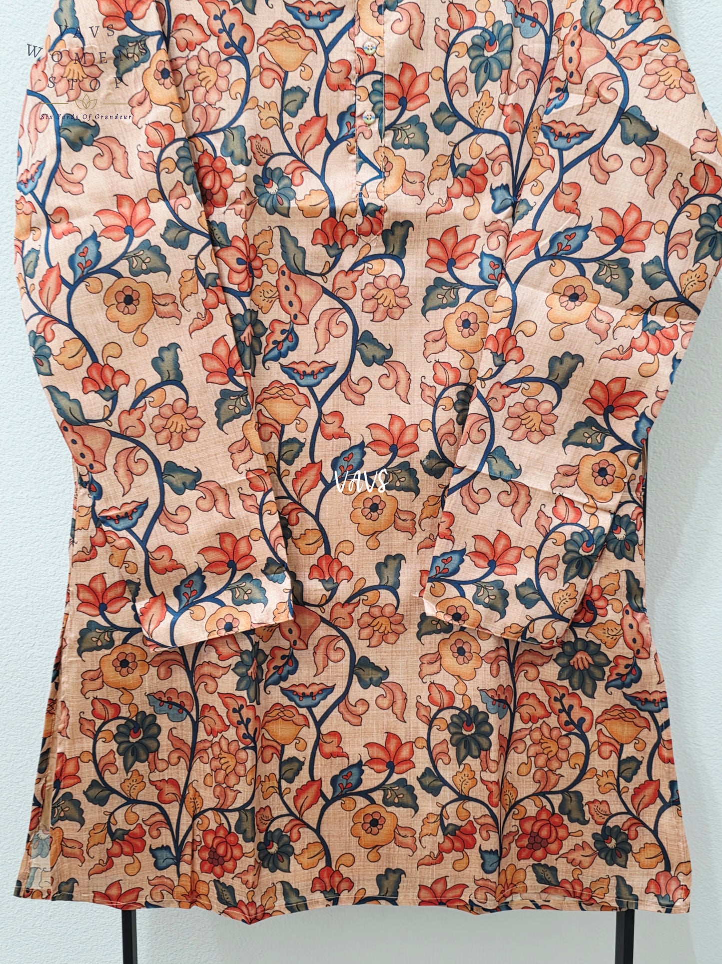 Men’s Soft Apricot Peach Tussar Silk Kalamkari Floral Kurta – XL