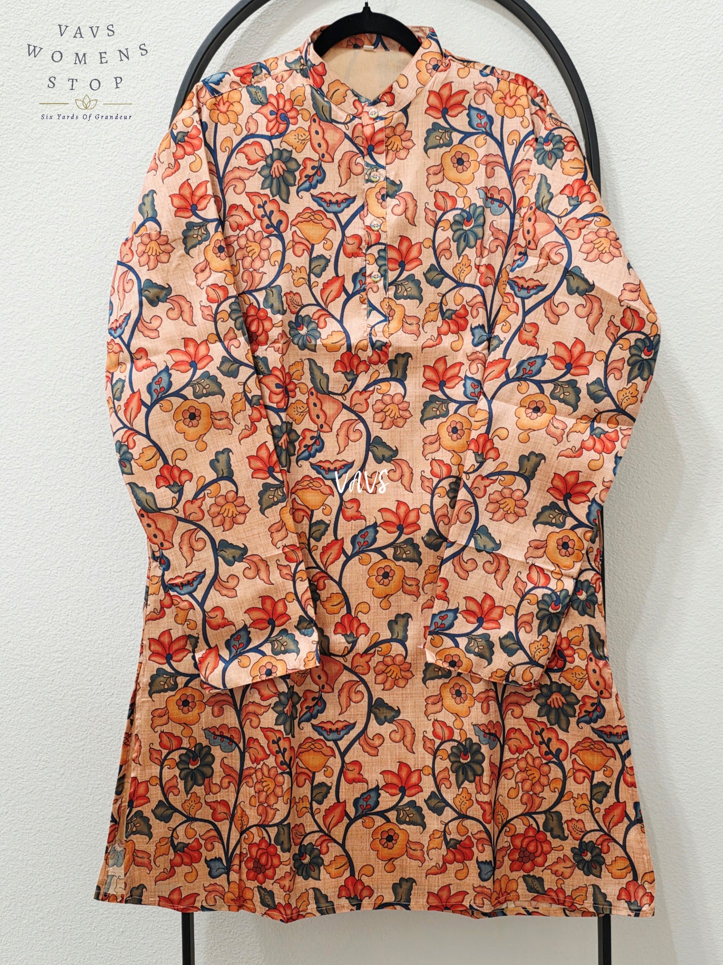 Men’s Soft Apricot Peach Tussar Silk Kalamkari Floral Kurta – XL