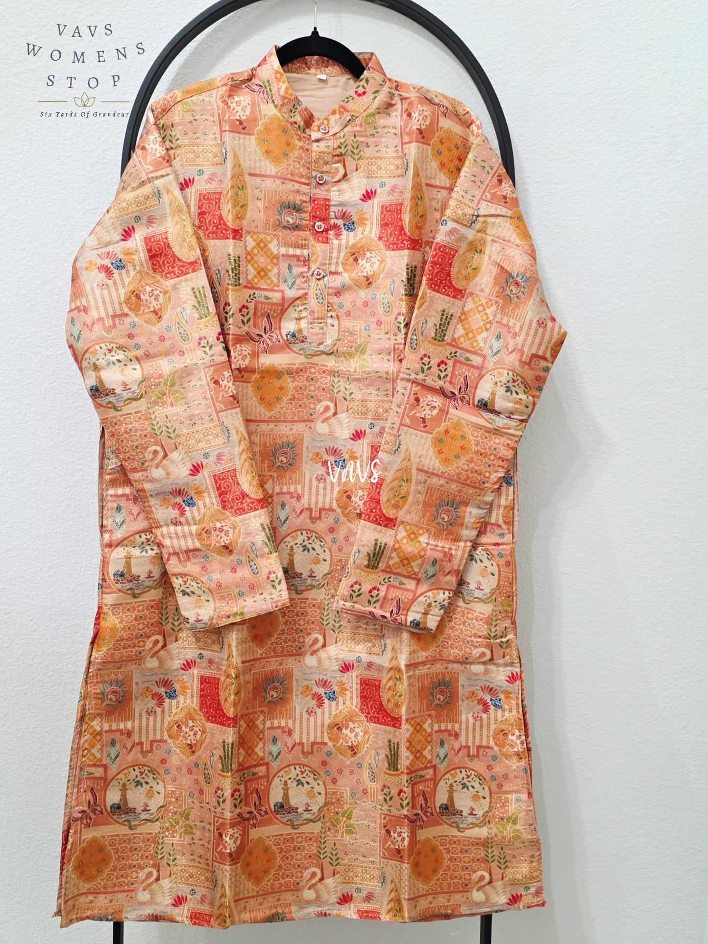 Men’s Champagne Peach Premium Benarasi Silk Heritage Print Kurta – XL