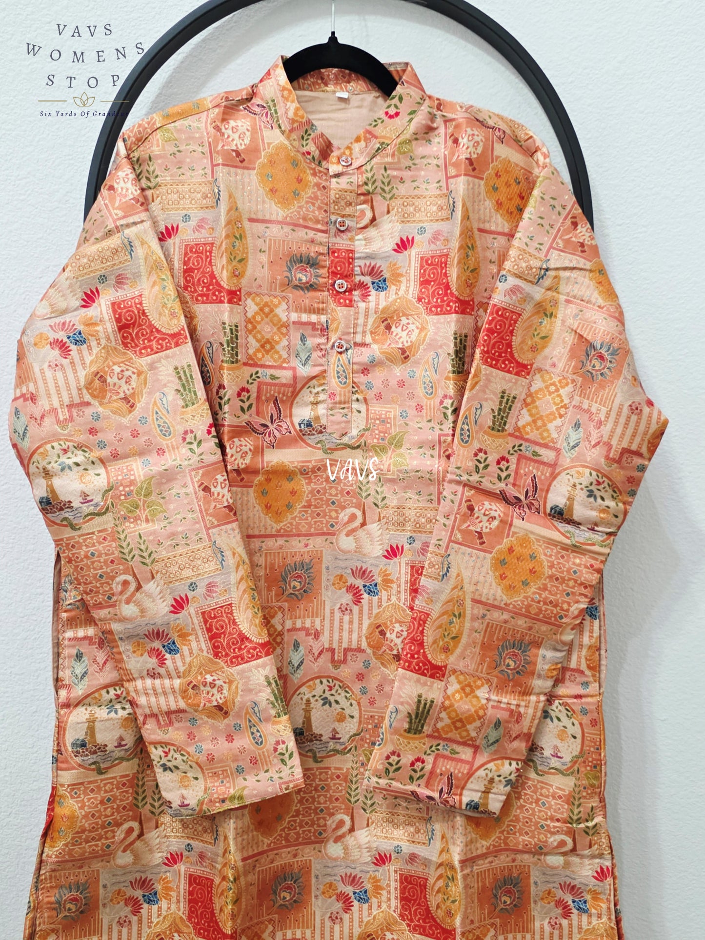 Men’s Champagne Peach Premium Benarasi Silk Heritage Print Kurta – XL