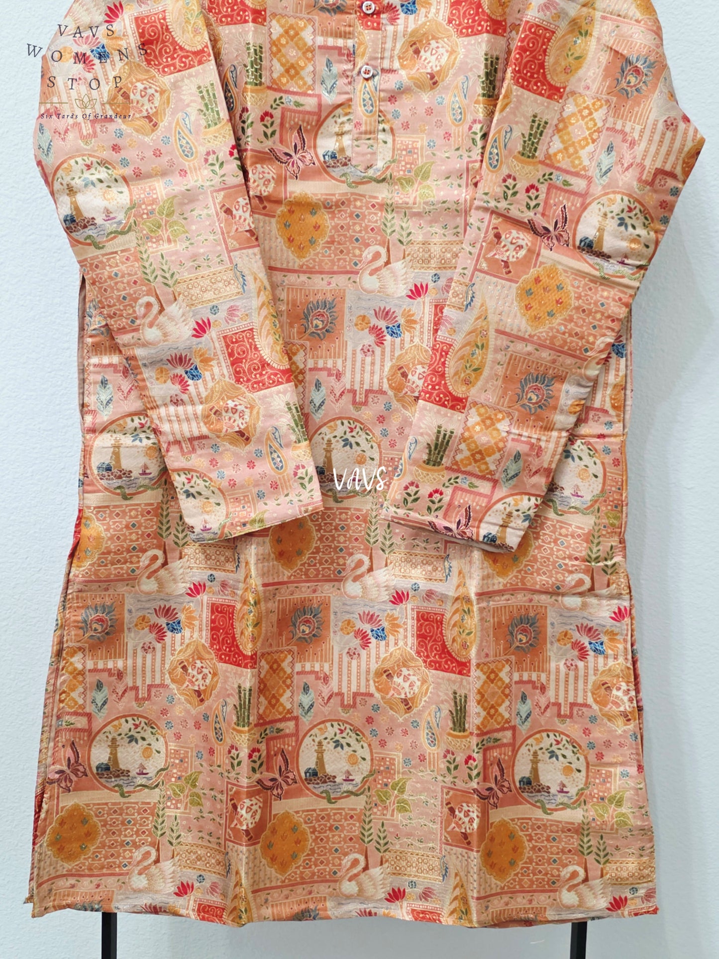 Men’s Champagne Peach Premium Benarasi Silk Heritage Print Kurta – XL