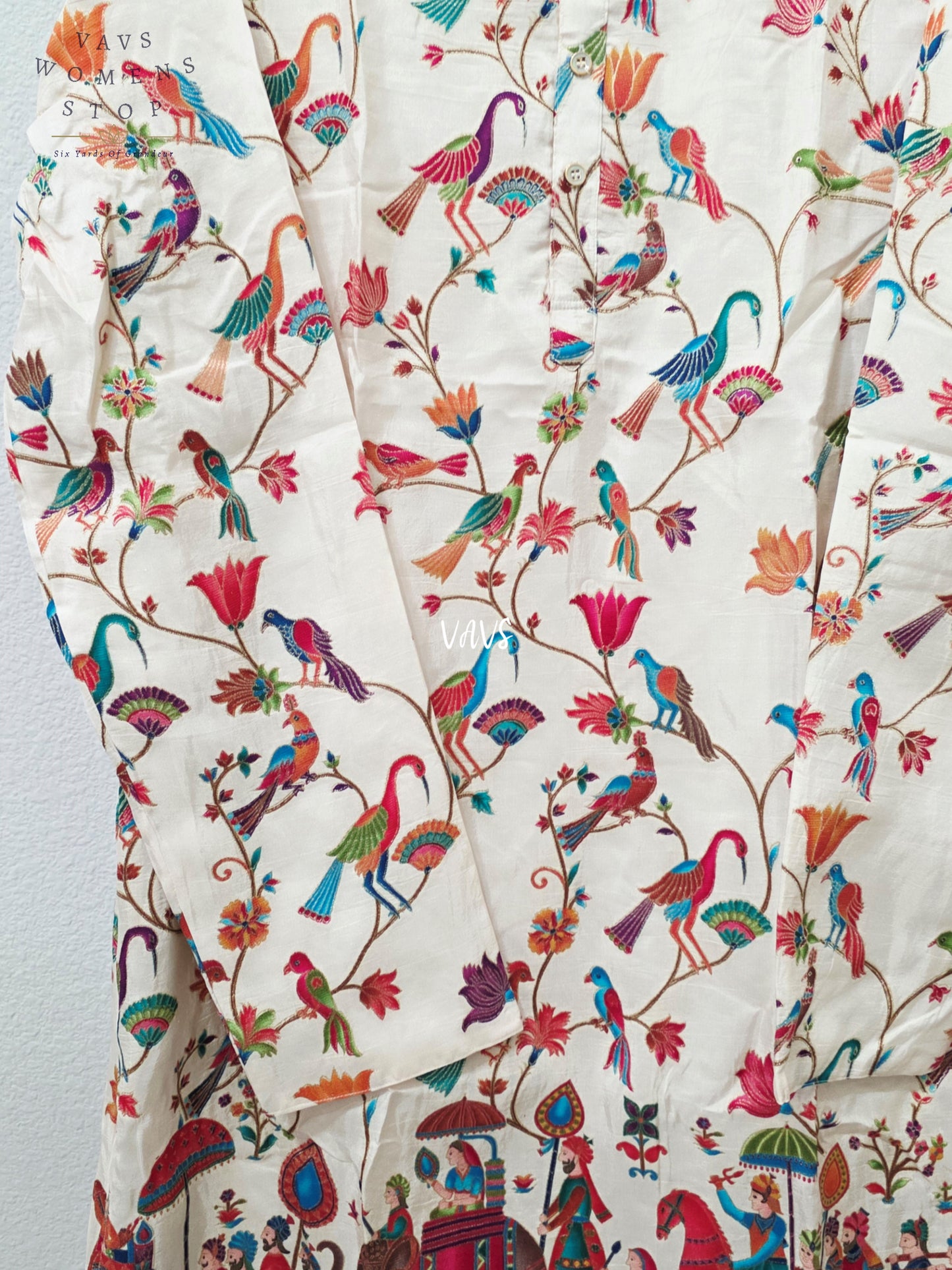 Men’s Pearl Ivory Benarasi Silk Pallaki Heritage Print Kurta – XL