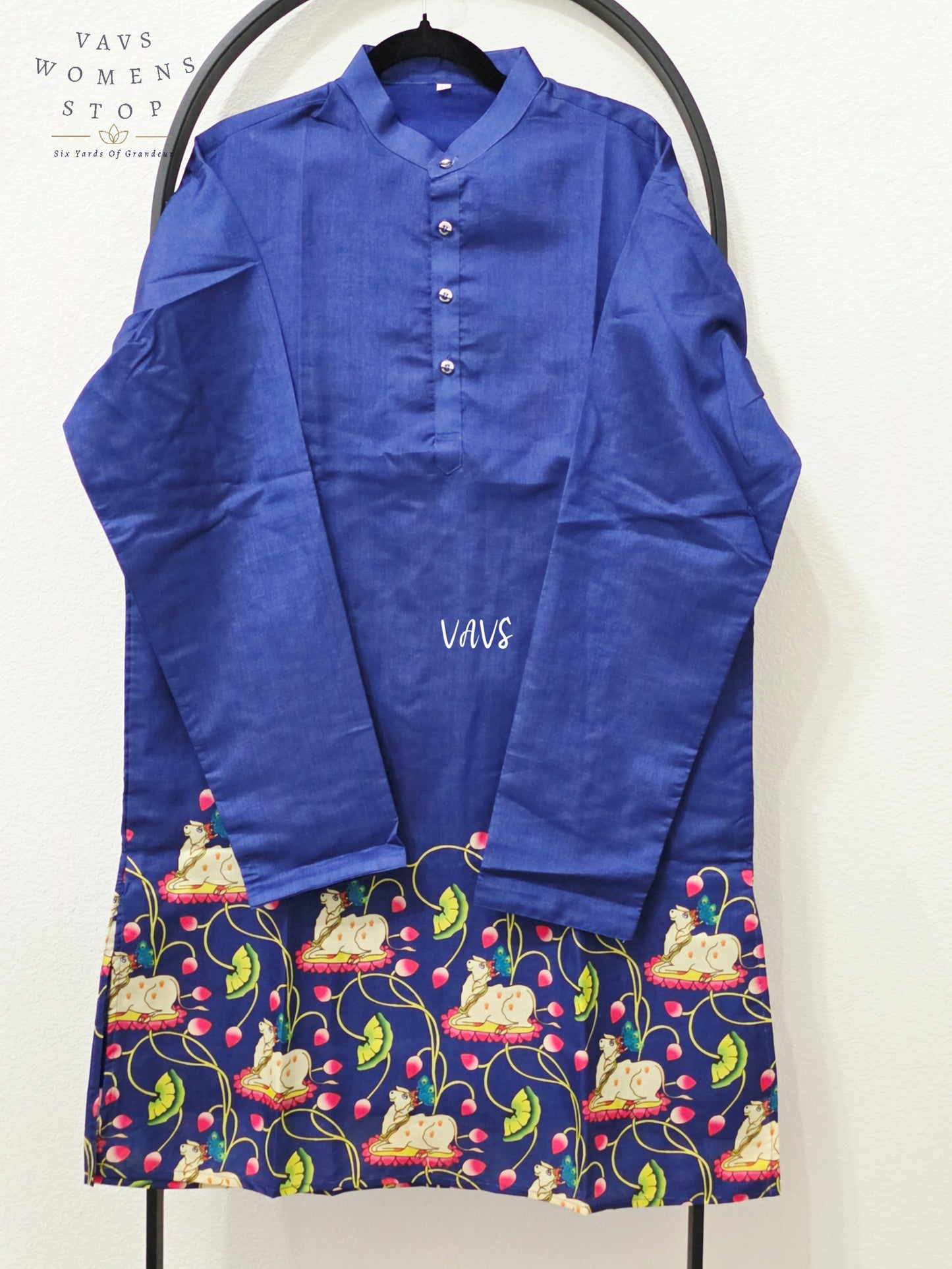 Royal Cobalt Navy Kalamkari Tussar Silk Pichwai Cow Men’s Tailored Kurta – Size XXL