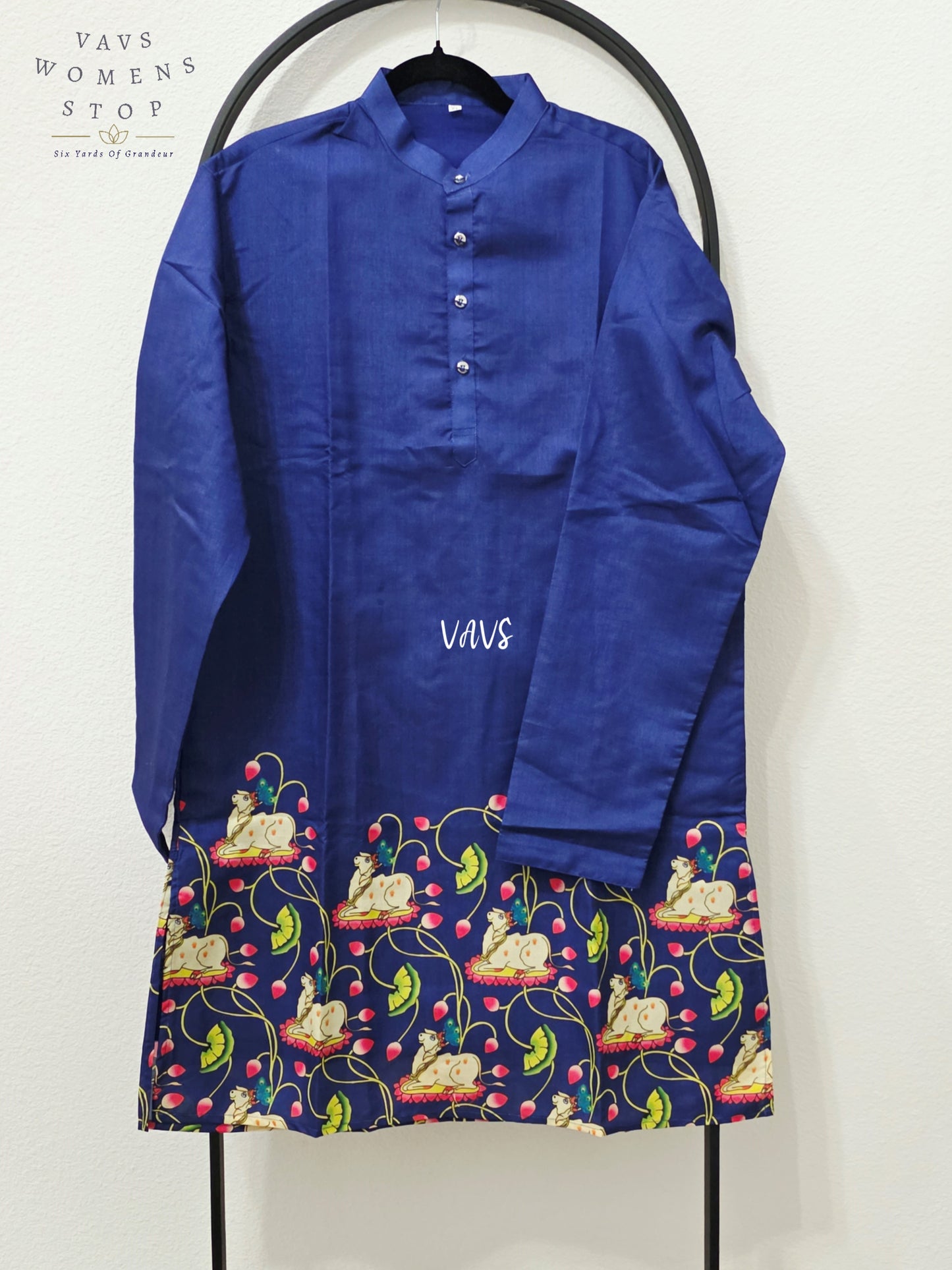 Royal Cobalt Navy Kalamkari Tussar Silk Pichwai Cow Men’s Tailored Kurta – Size XXL