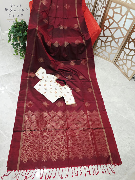 Burgundy Wine Pure Kanchi Soft Silk Kolam Muggu Butta Saree with Ivory Hand-Embroidered Maggam Jadau Kundan Blouse Size 38, Extendable to 44