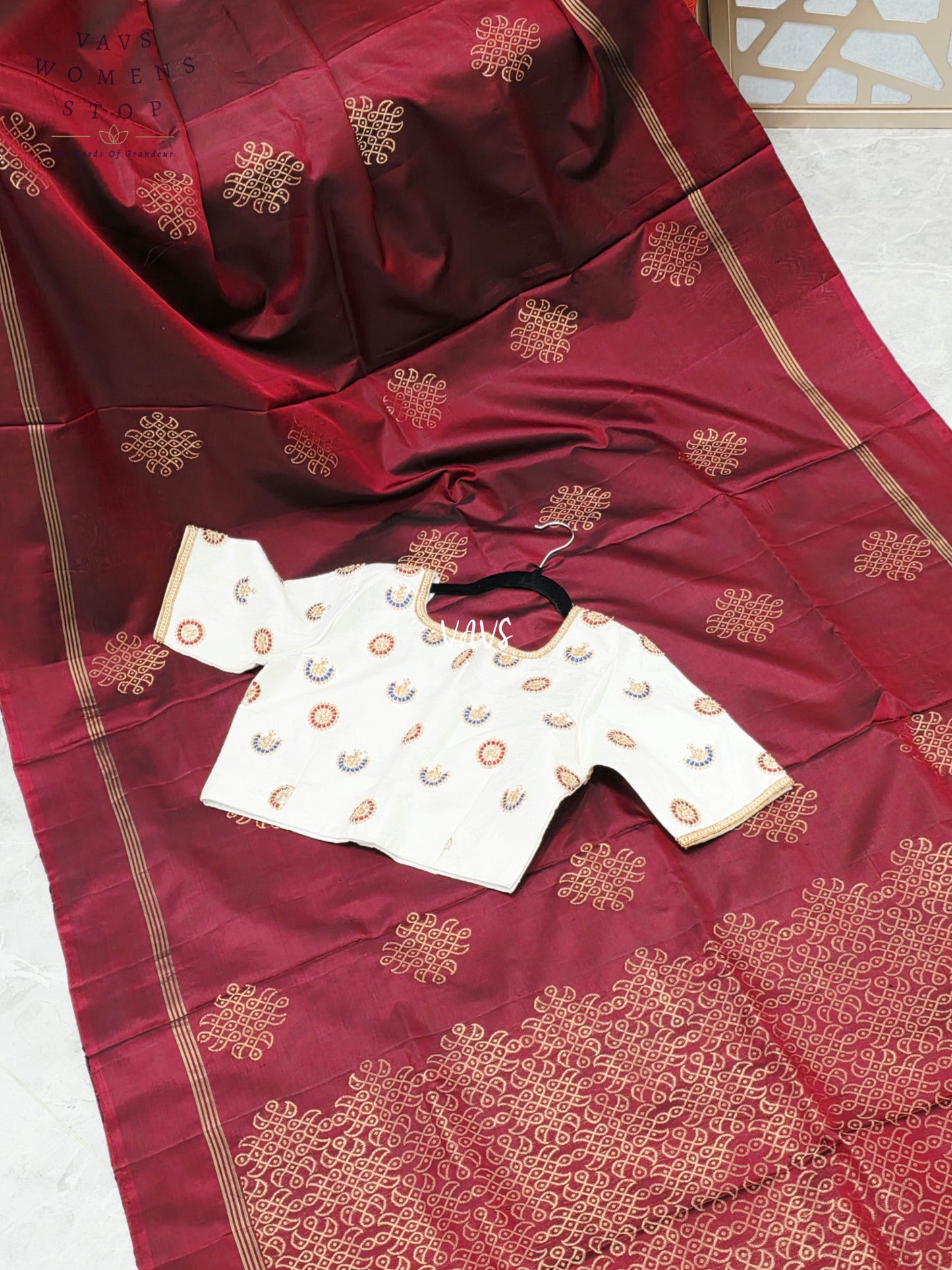 Burgundy Wine Pure Kanchi Soft Silk Kolam Muggu Butta Saree with Ivory Hand-Embroidered Maggam Jadau Kundan Blouse Size 38, Extendable to 44