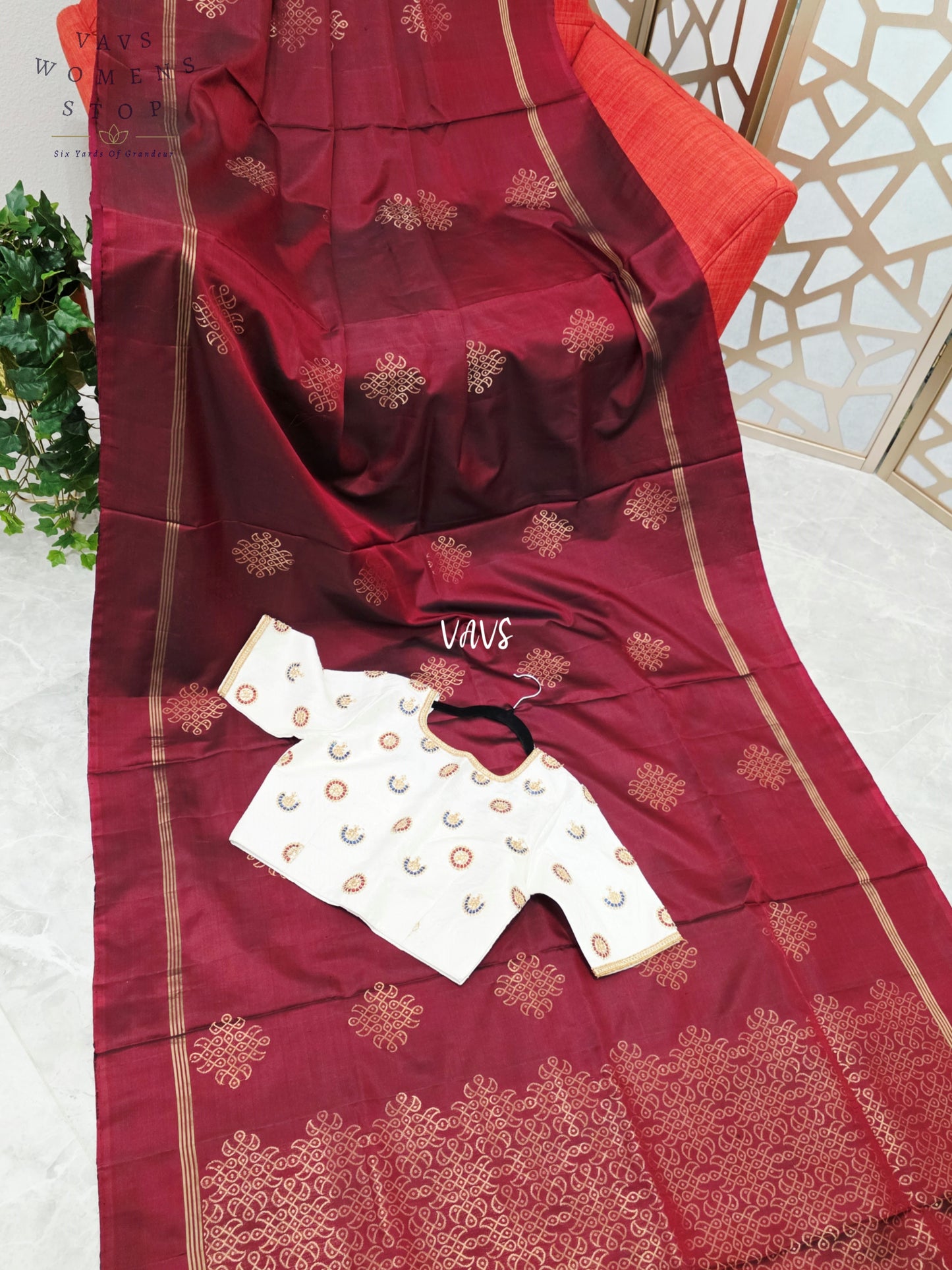 Burgundy Wine Pure Kanchi Soft Silk Kolam Muggu Butta Saree with Ivory Hand-Embroidered Maggam Jadau Kundan Blouse Size 38, Extendable to 44