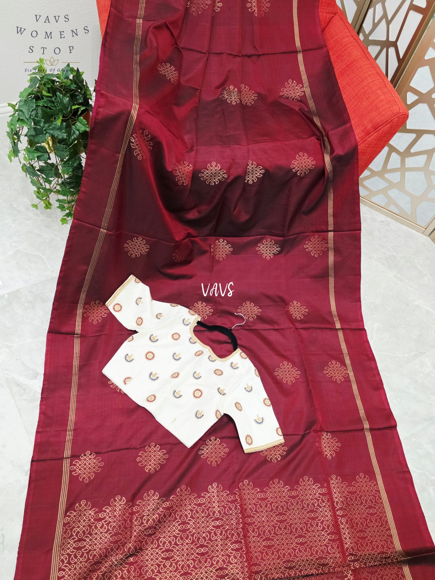 Burgundy Wine Pure Kanchi Soft Silk Kolam Muggu Butta Saree with Ivory Hand-Embroidered Maggam Jadau Kundan Blouse Size 38, Extendable to 44