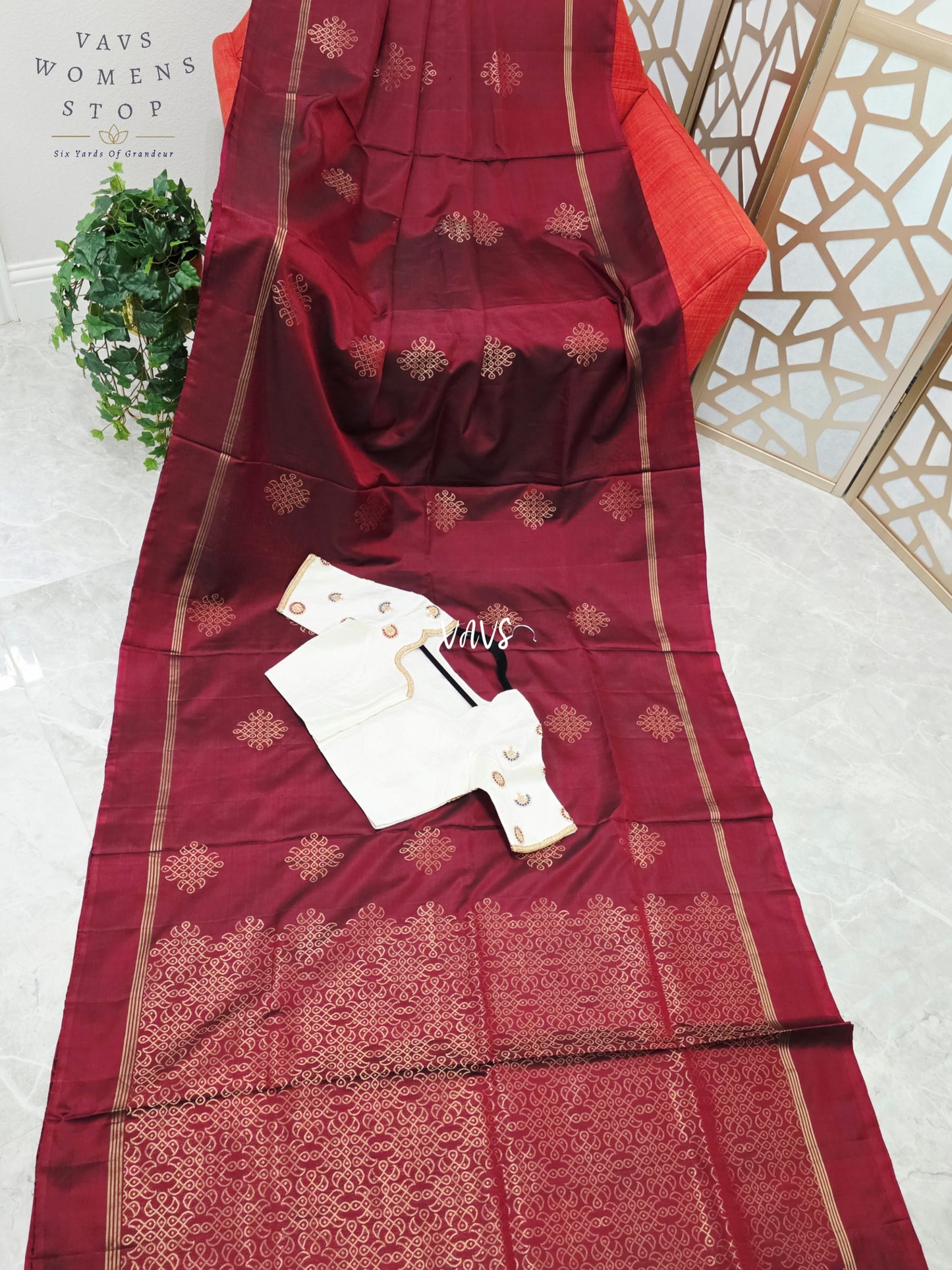 Burgundy Wine Pure Kanchi Soft Silk Kolam Muggu Butta Saree with Ivory Hand-Embroidered Maggam Jadau Kundan Blouse Size 38, Extendable to 44