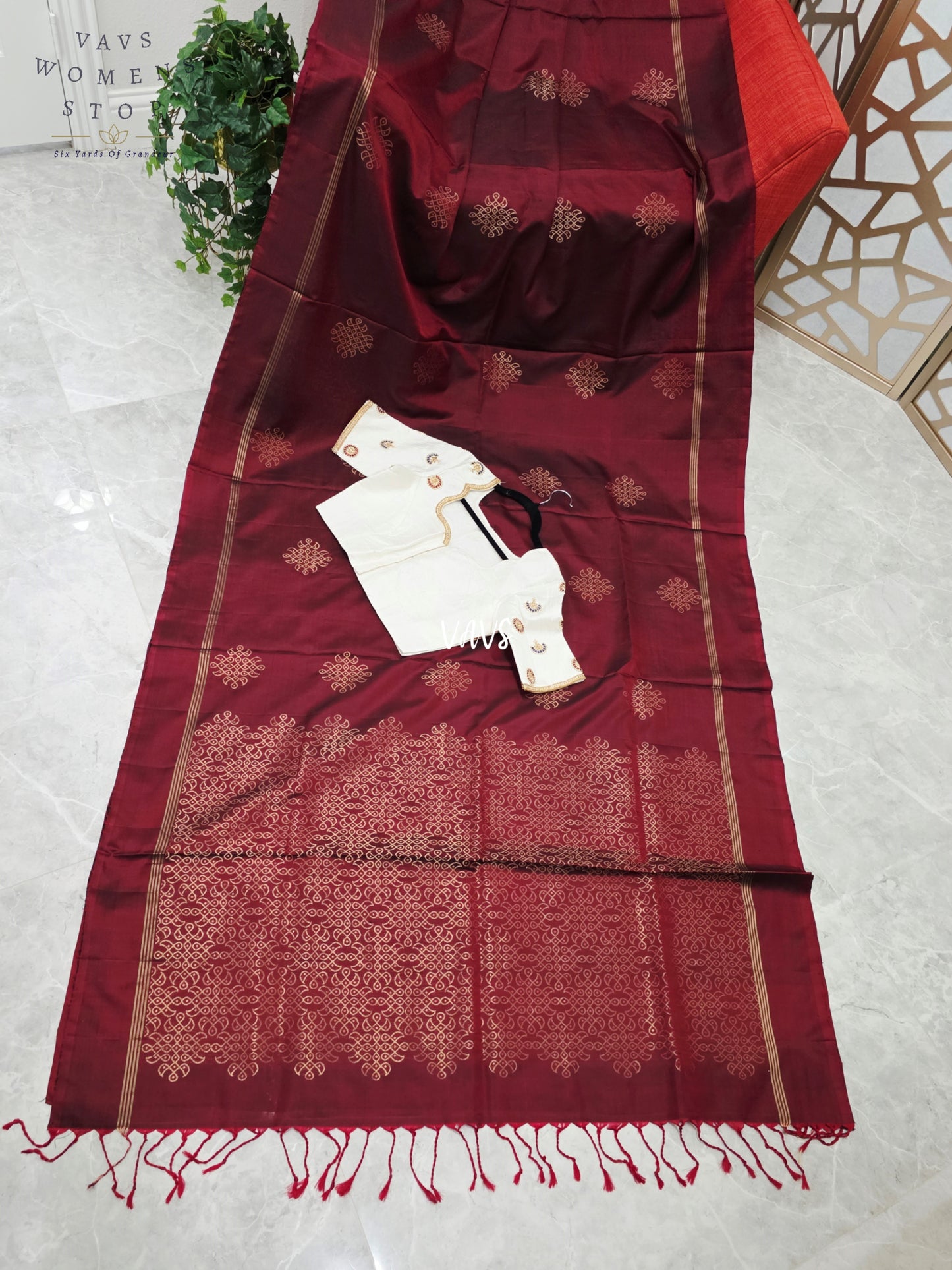 Burgundy Wine Pure Kanchi Soft Silk Kolam Muggu Butta Saree with Ivory Hand-Embroidered Maggam Jadau Kundan Blouse Size 38, Extendable to 44