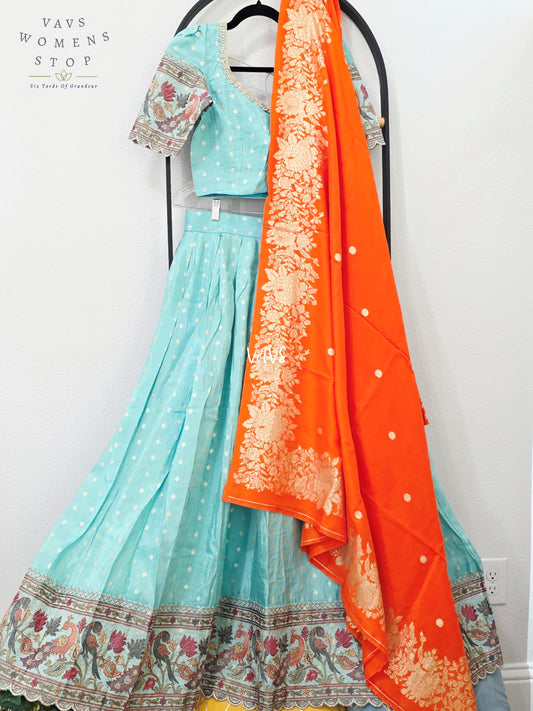 Aqua Mist Munga Crepe Tissue Silk Half Saree with Orange Dupatta | 34-40