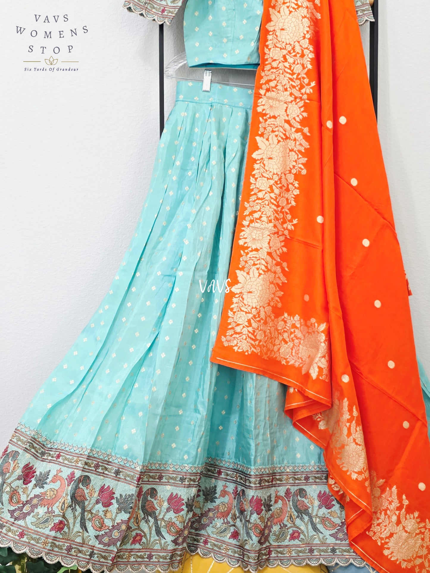 Aqua Mist Munga Crepe Tissue Silk Half Saree with Orange Dupatta | 34-40
