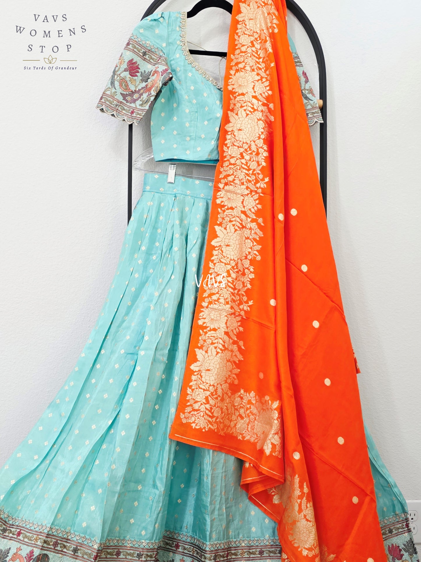 Aqua Mist Munga Crepe Tissue Silk Half Saree with Orange Dupatta | 34-40