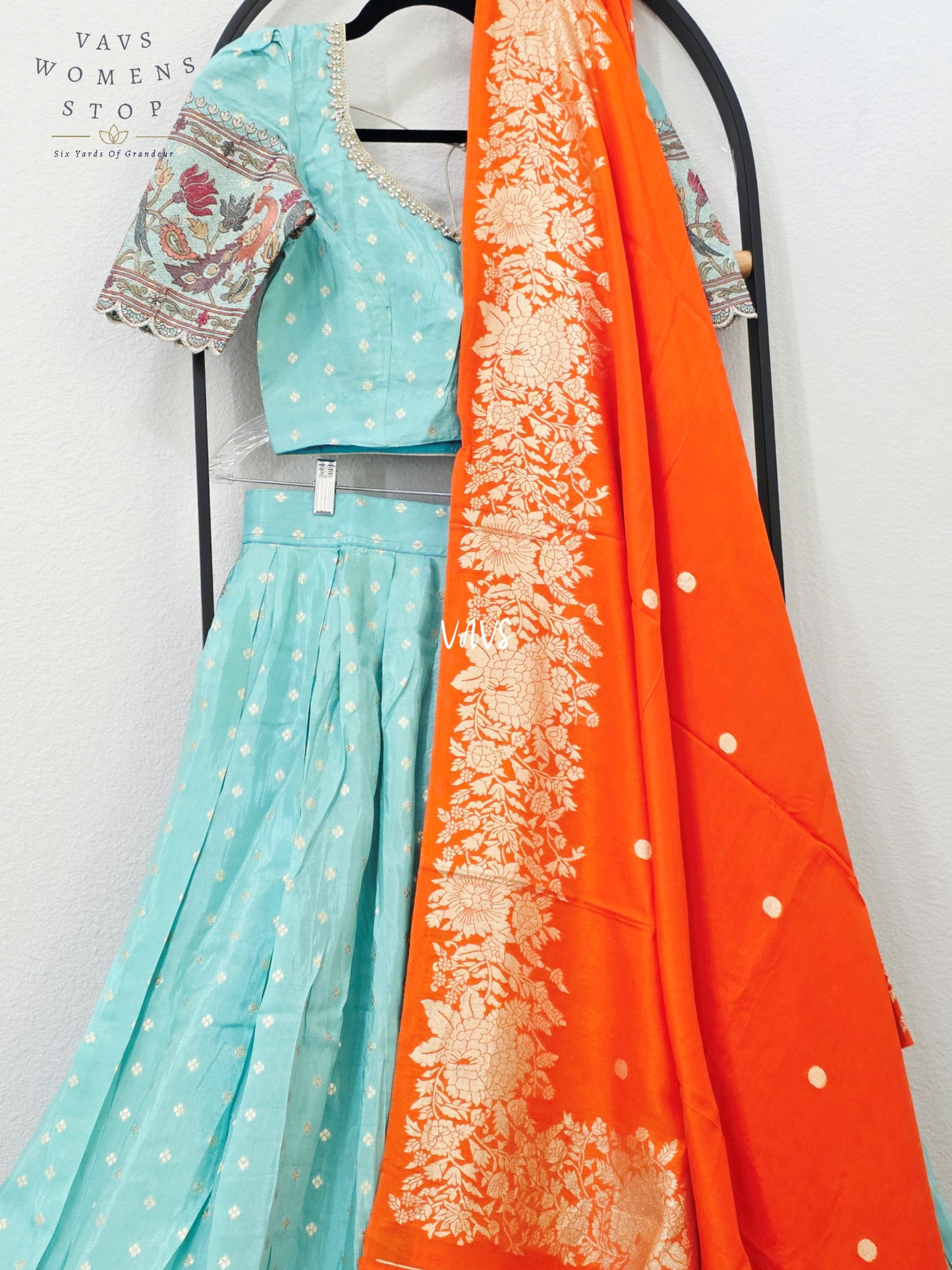 Aqua Mist Munga Crepe Tissue Silk Half Saree with Orange Dupatta | 34-40