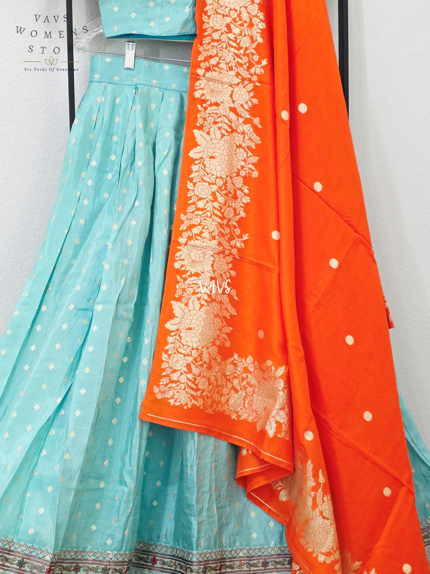Aqua Mist Munga Crepe Tissue Silk Half Saree with Orange Dupatta | 34-40