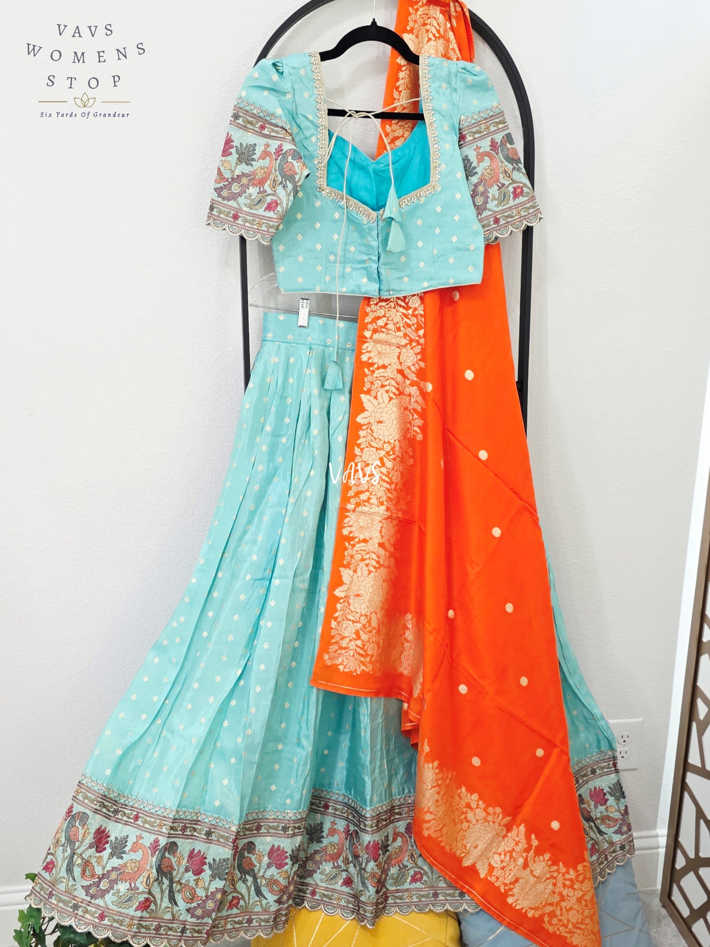 Aqua Mist Munga Crepe Tissue Silk Half Saree with Orange Dupatta | 34-40