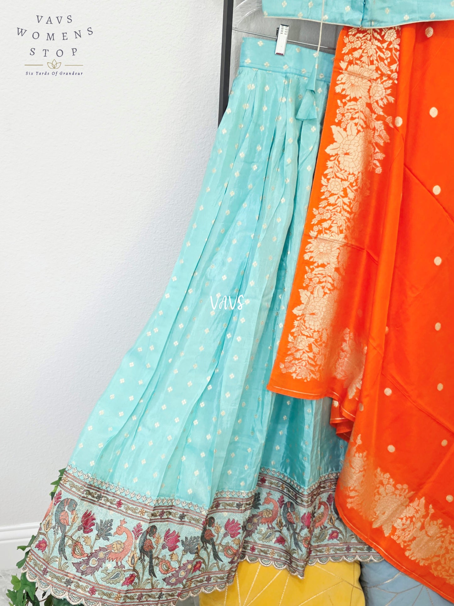Aqua Mist Munga Crepe Tissue Silk Half Saree with Orange Dupatta | 34-40