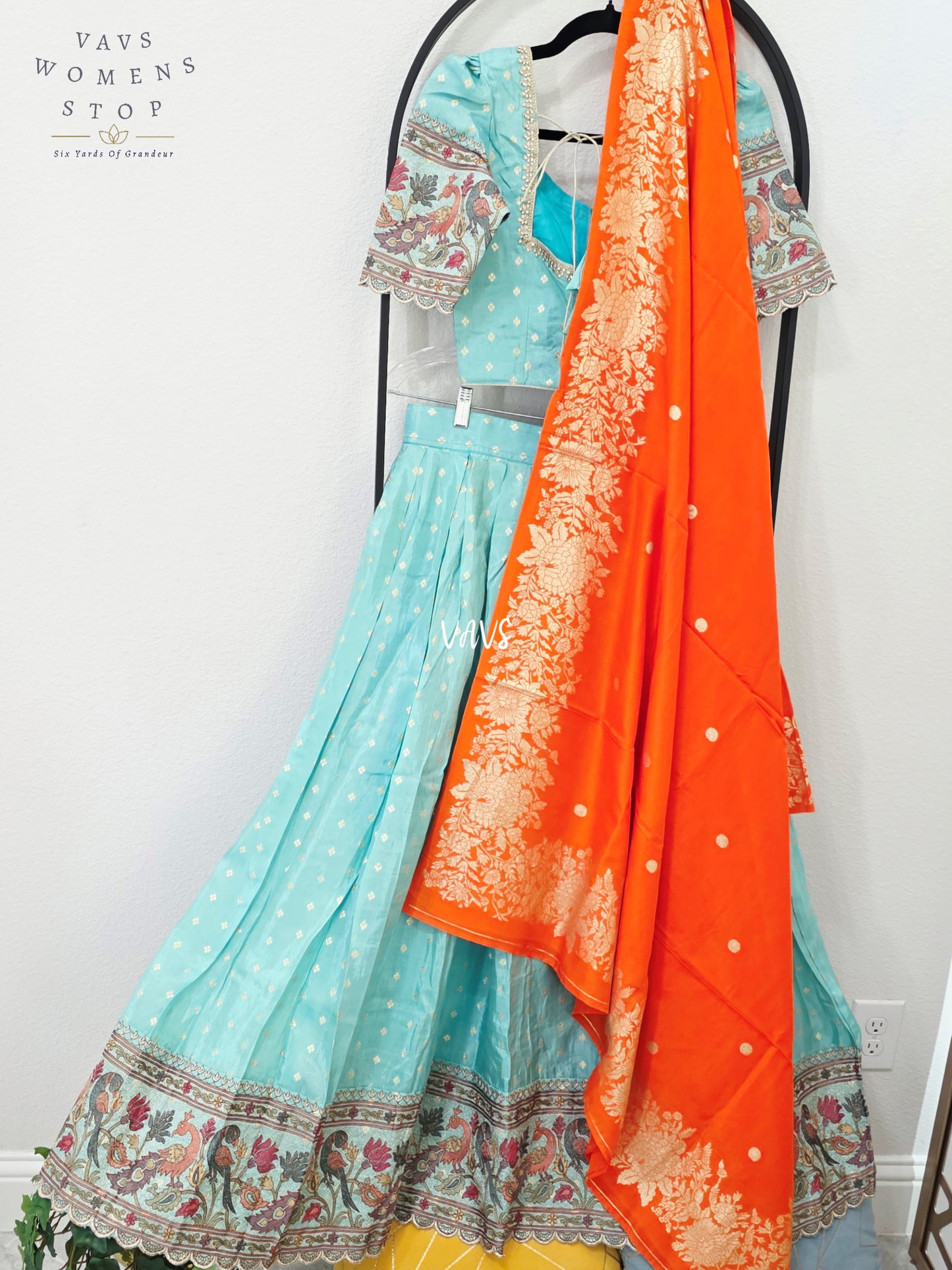 Aqua Mist Munga Crepe Tissue Silk Half Saree with Orange Dupatta | 34-40