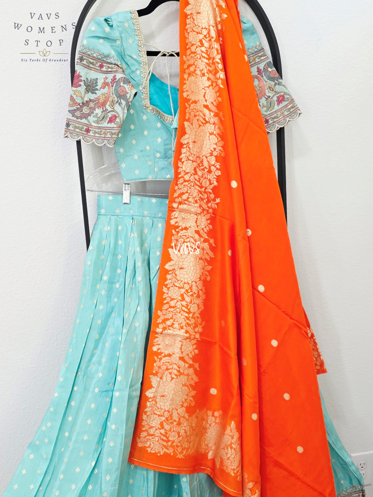 Aqua Mist Munga Crepe Tissue Silk Half Saree with Orange Dupatta | 34-40