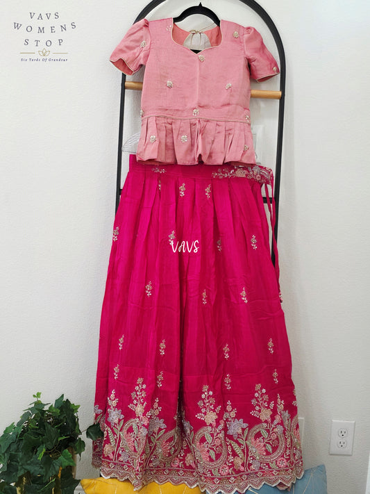 Royal Rani Pink Crepe Silk Embroidered Lehenga with Rose Tissue Blouse | Girls 10β11 Years