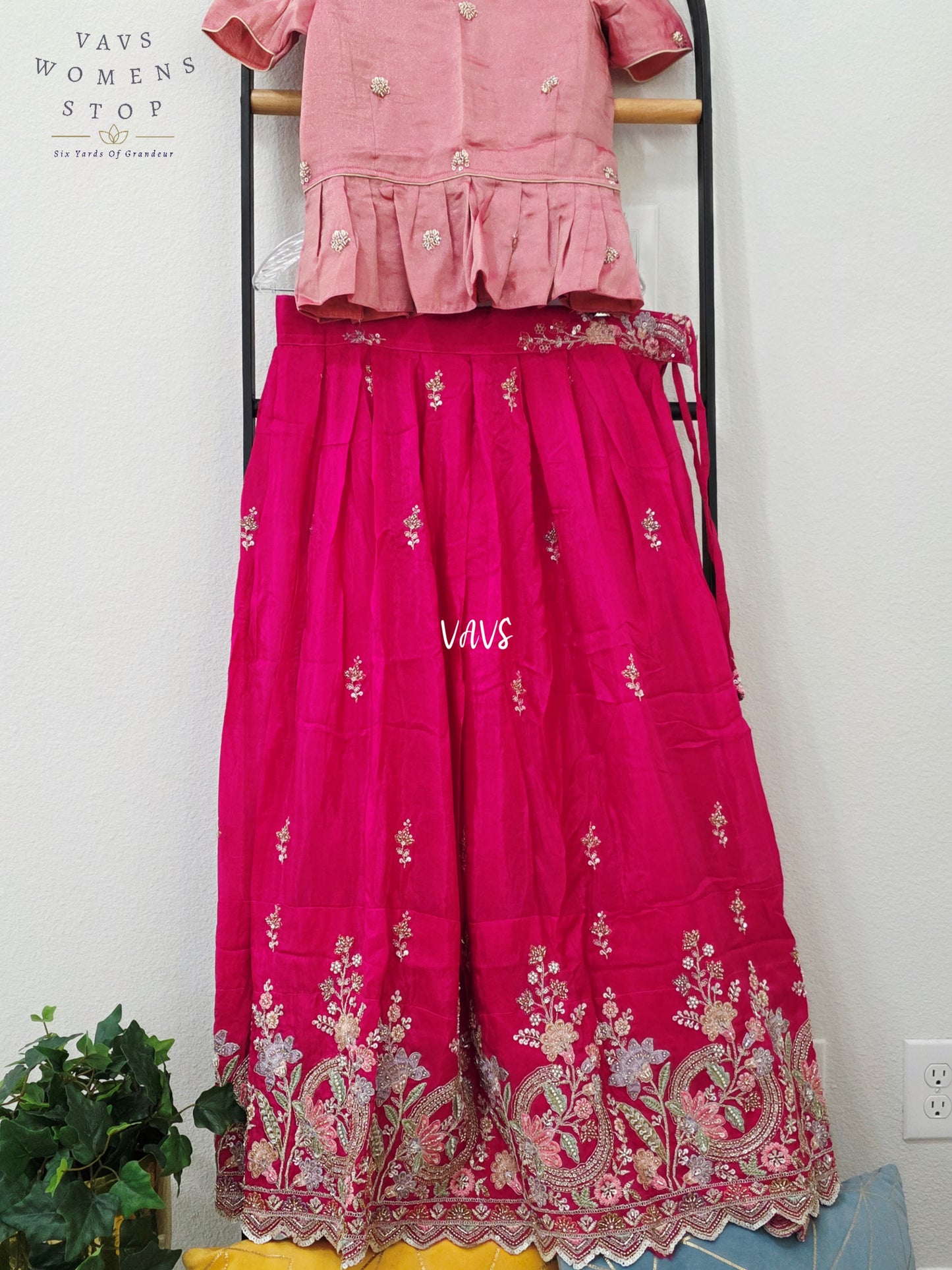 Royal Rani Pink Crepe Silk Embroidered Lehenga with Rose Tissue Blouse | Girls 10–11 Years