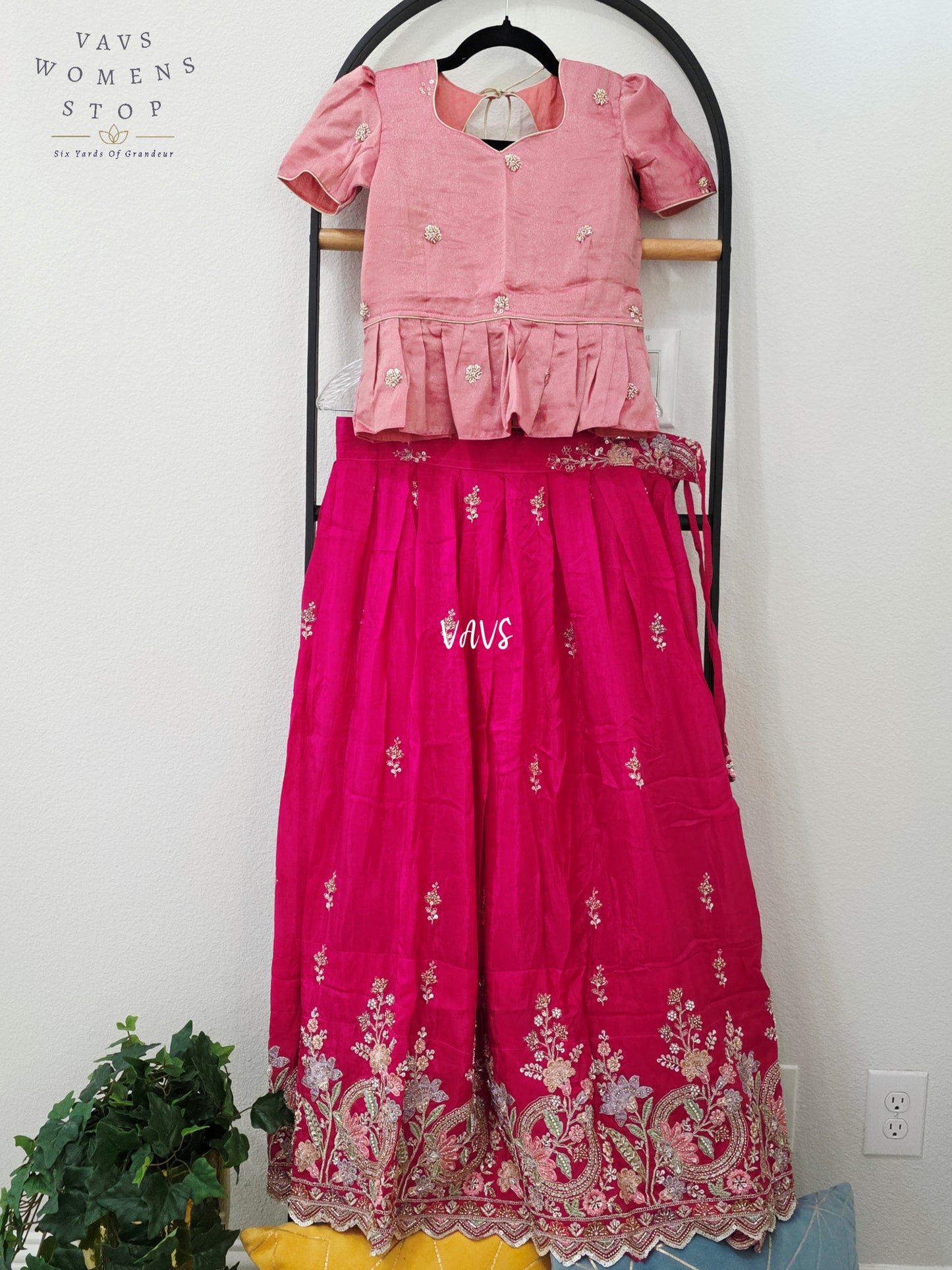 Royal Rani Pink Crepe Silk Embroidered Lehenga with Rose Tissue Blouse | Girls 10–11 Years