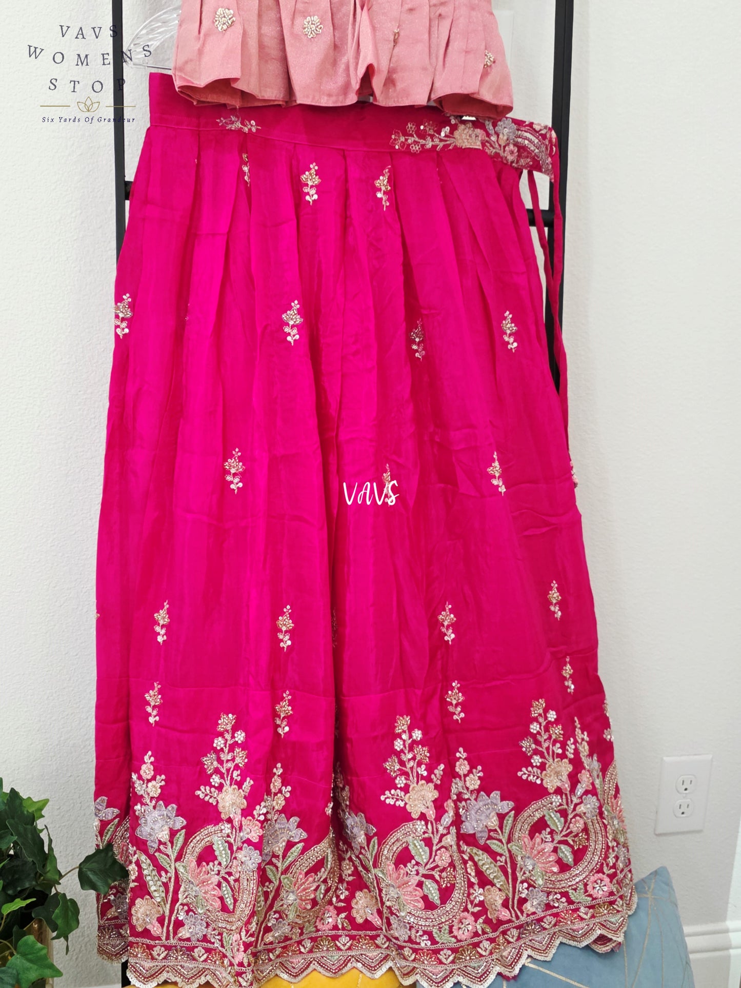 Royal Rani Pink Crepe Silk Embroidered Lehenga with Rose Tissue Blouse | Girls 10–11 Years