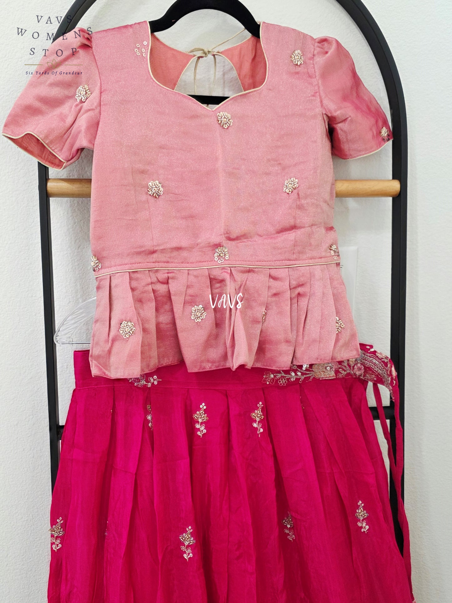 Royal Rani Pink Crepe Silk Embroidered Lehenga with Rose Tissue Blouse | Girls 10–11 Years