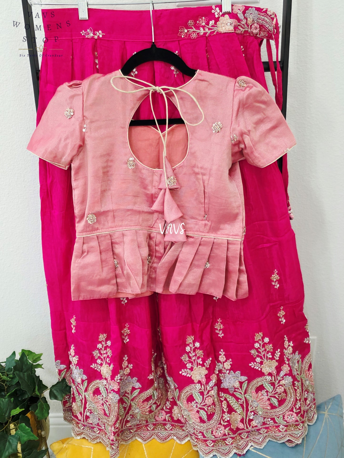Royal Rani Pink Crepe Silk Embroidered Lehenga with Rose Tissue Blouse | Girls 10–11 Years