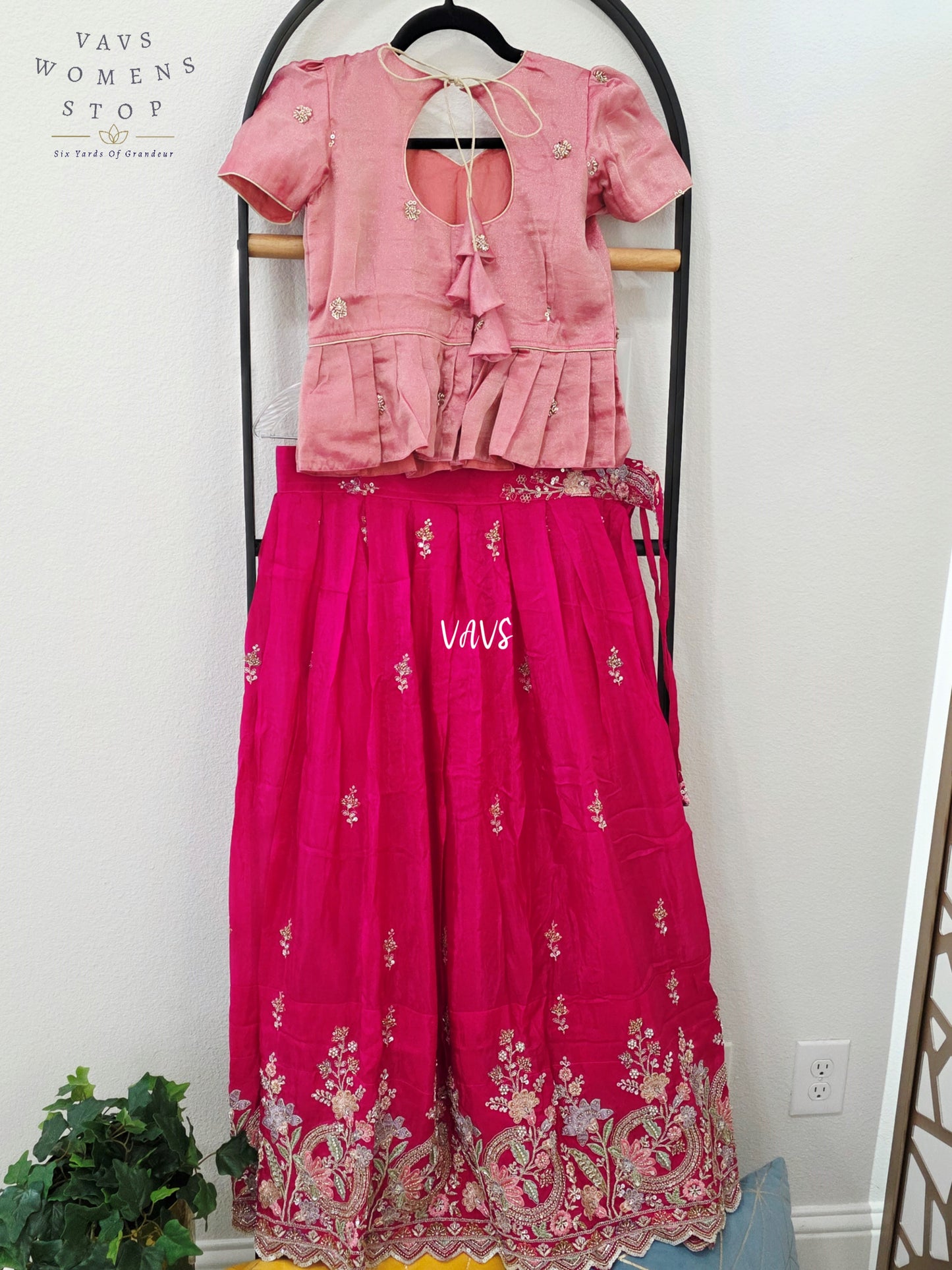 Royal Rani Pink Crepe Silk Embroidered Lehenga with Rose Tissue Blouse | Girls 10–11 Years