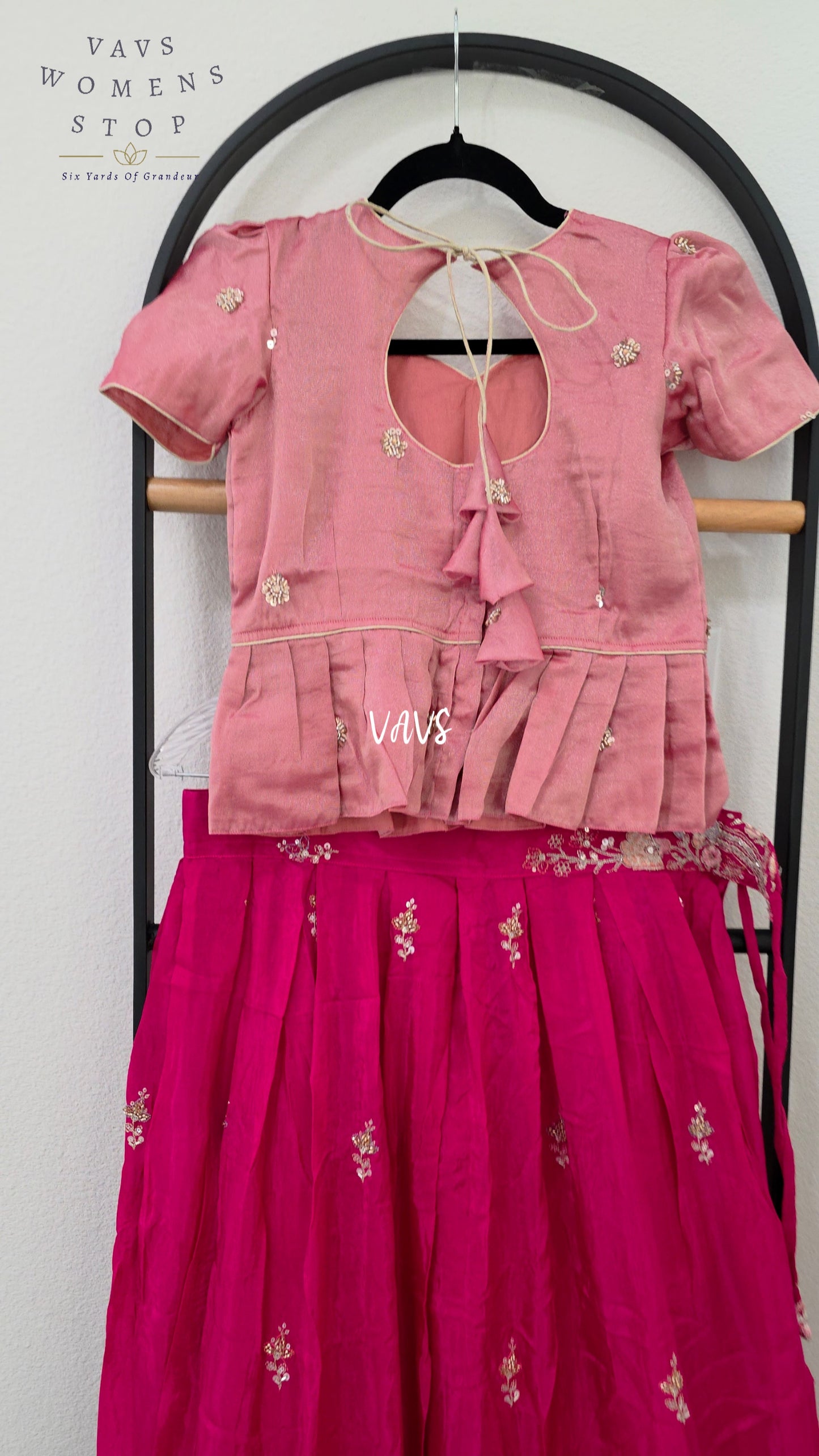 Royal Rani Pink Crepe Silk Embroidered Lehenga with Rose Tissue Blouse | Girls 10–11 Years