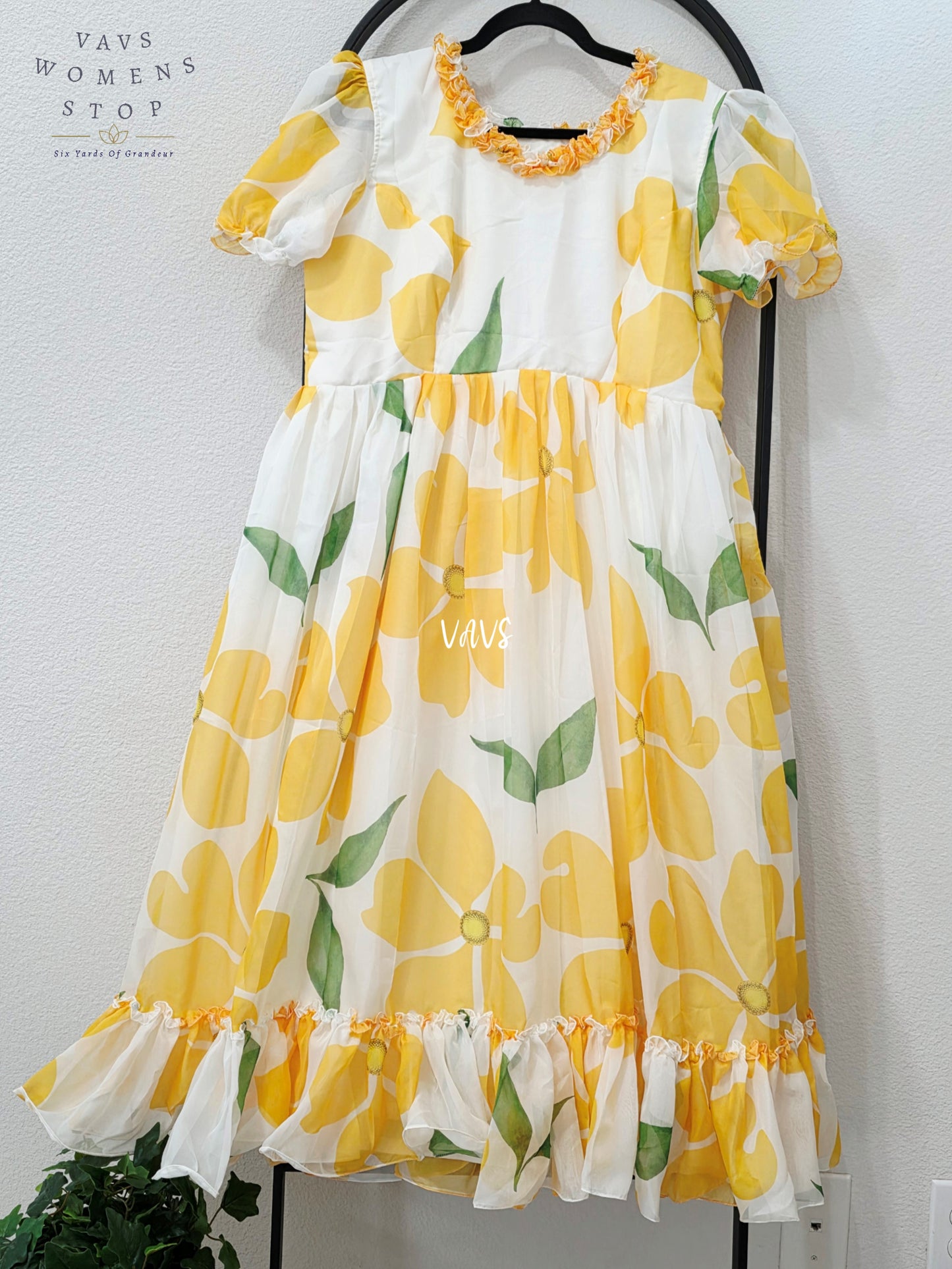 Ivory & Golden Yellow Floral Organza Silk Designer Frock – Women’s XL