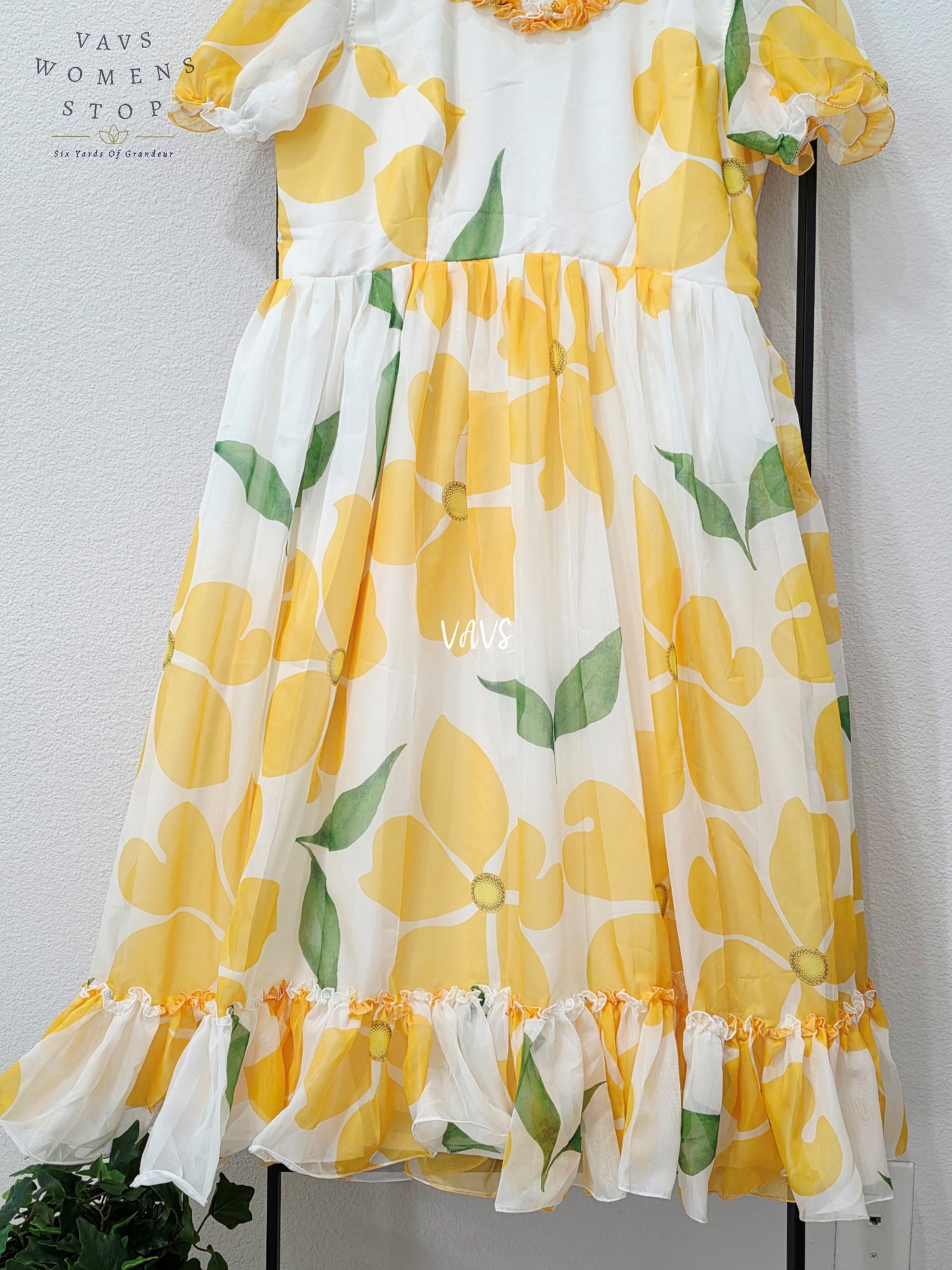 Ivory & Golden Yellow Floral Organza Silk Designer Frock – Women’s XL