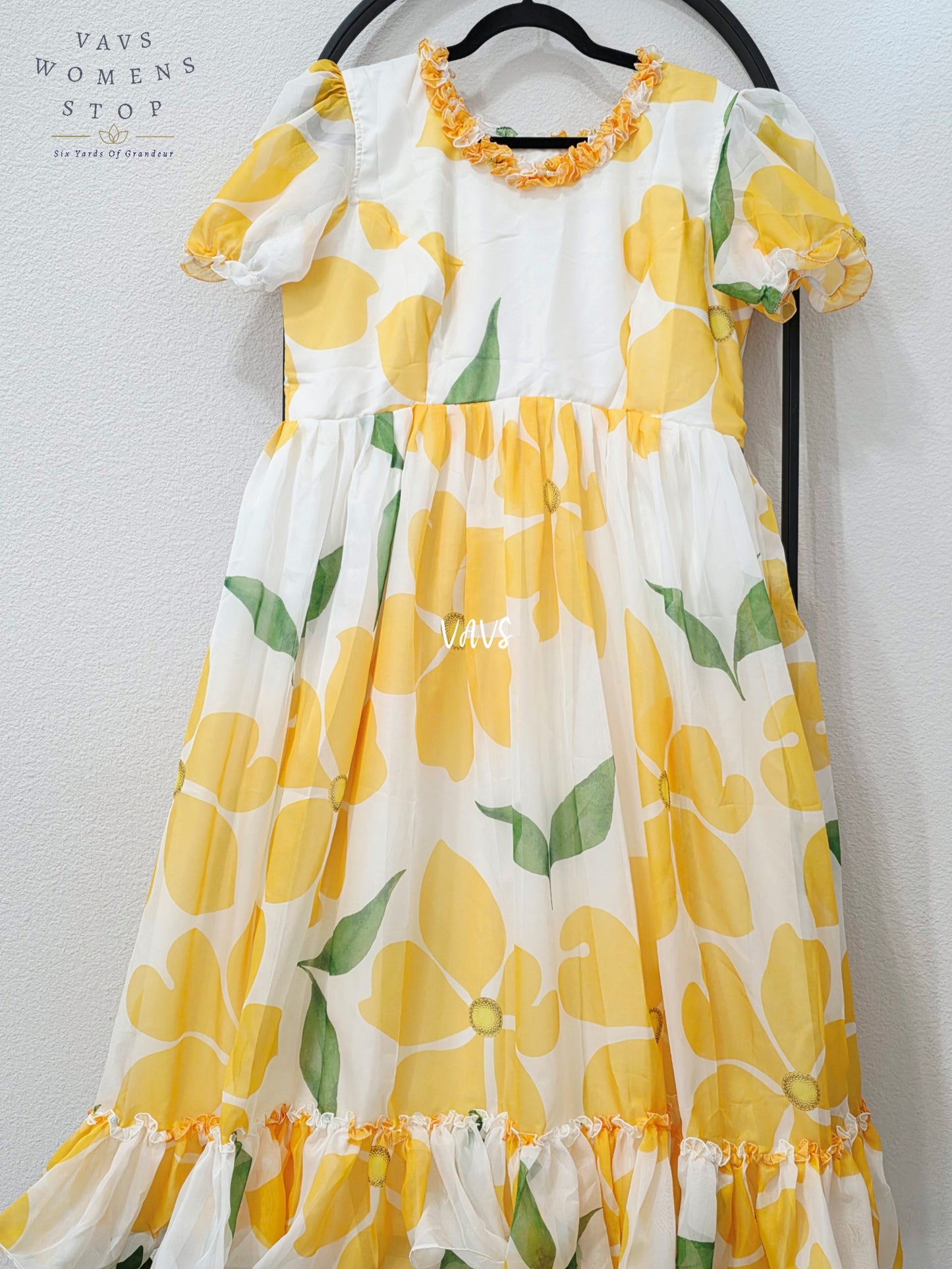 Ivory & Golden Yellow Floral Organza Silk Designer Frock – Women’s XL