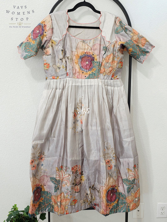 Pearl Grey Tussar Tissue Silk Floral Designer Frock – Women’s XL