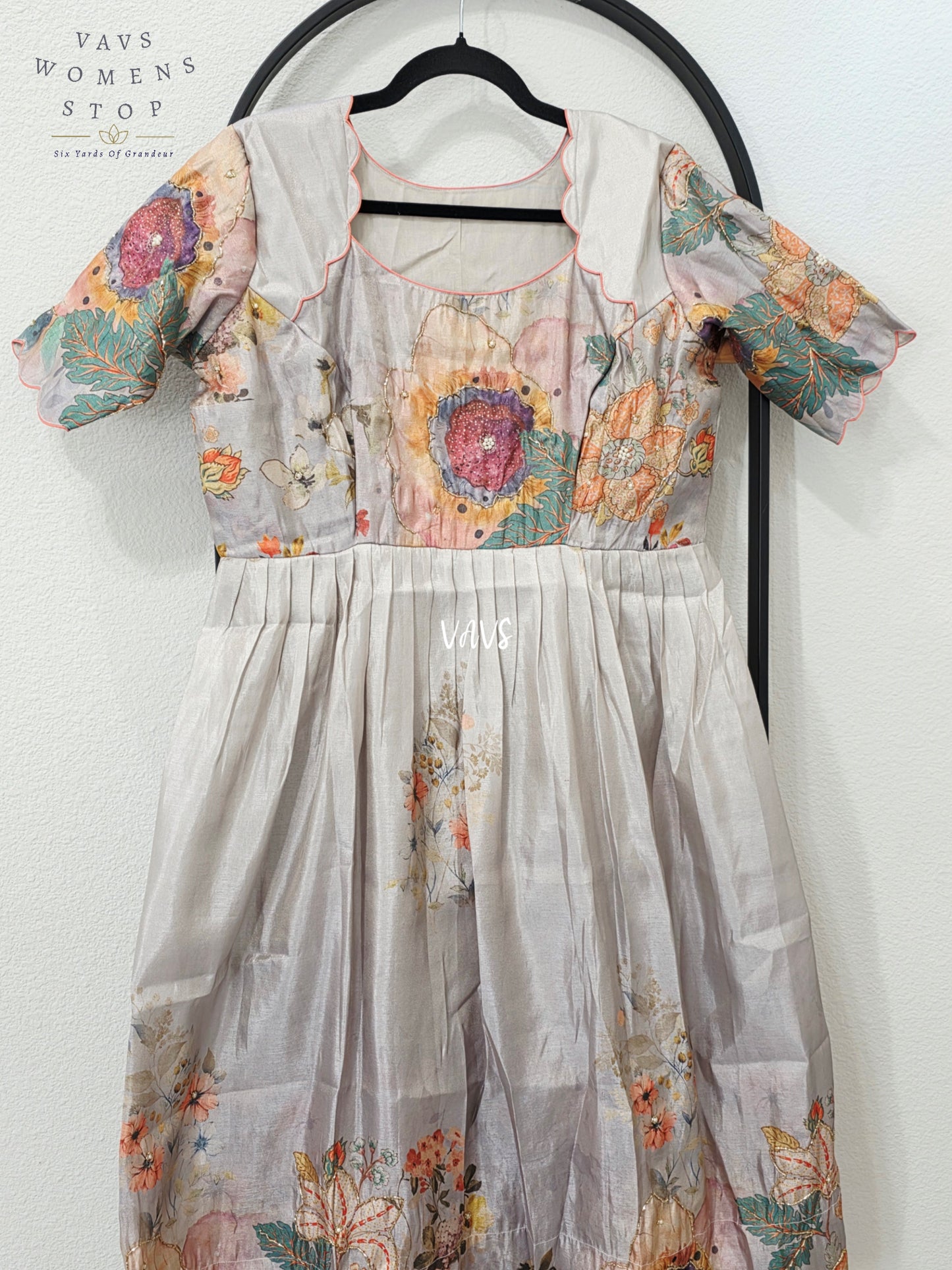 Pearl Grey Tussar Tissue Silk Floral Designer Frock – Women’s XL