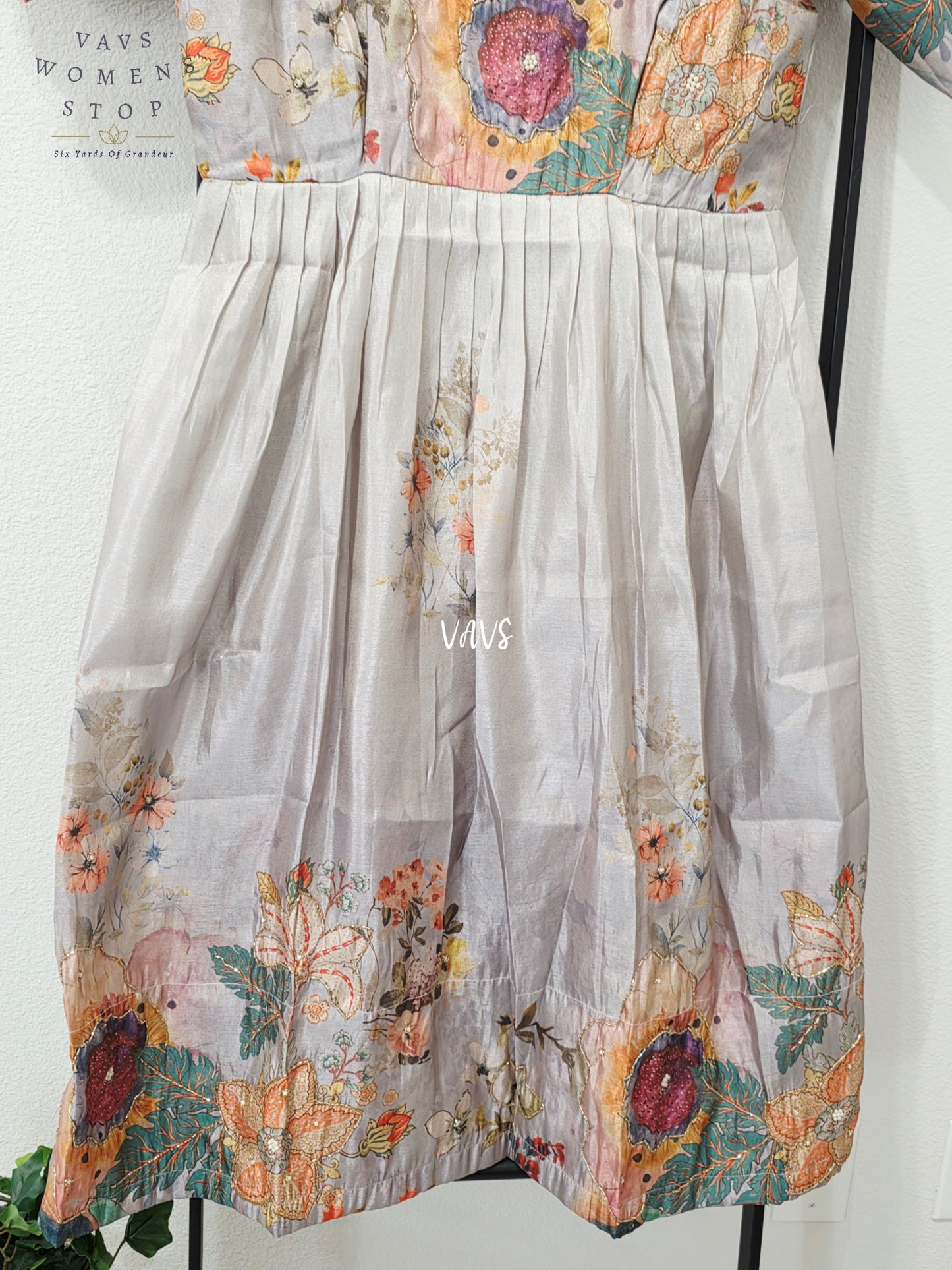 Pearl Grey Tussar Tissue Silk Floral Designer Frock – Women’s XL