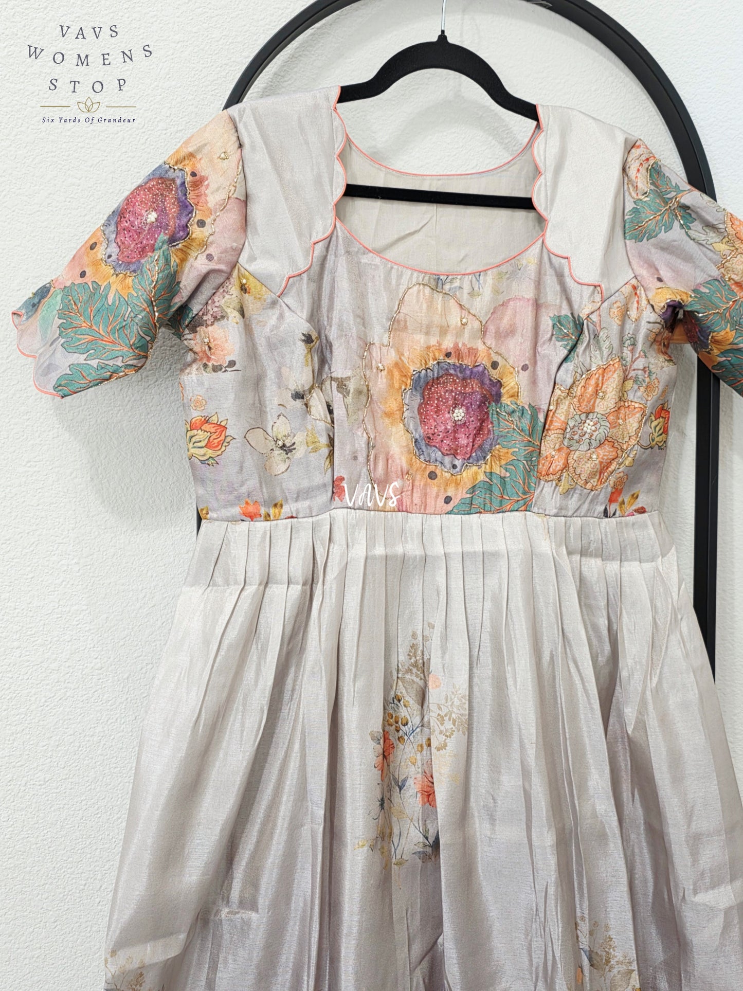 Pearl Grey Tussar Tissue Silk Floral Designer Frock – Women’s XL