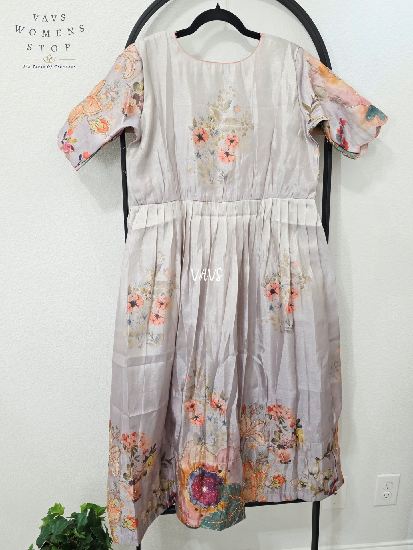 Pearl Grey Tussar Tissue Silk Floral Designer Frock – Women’s XL