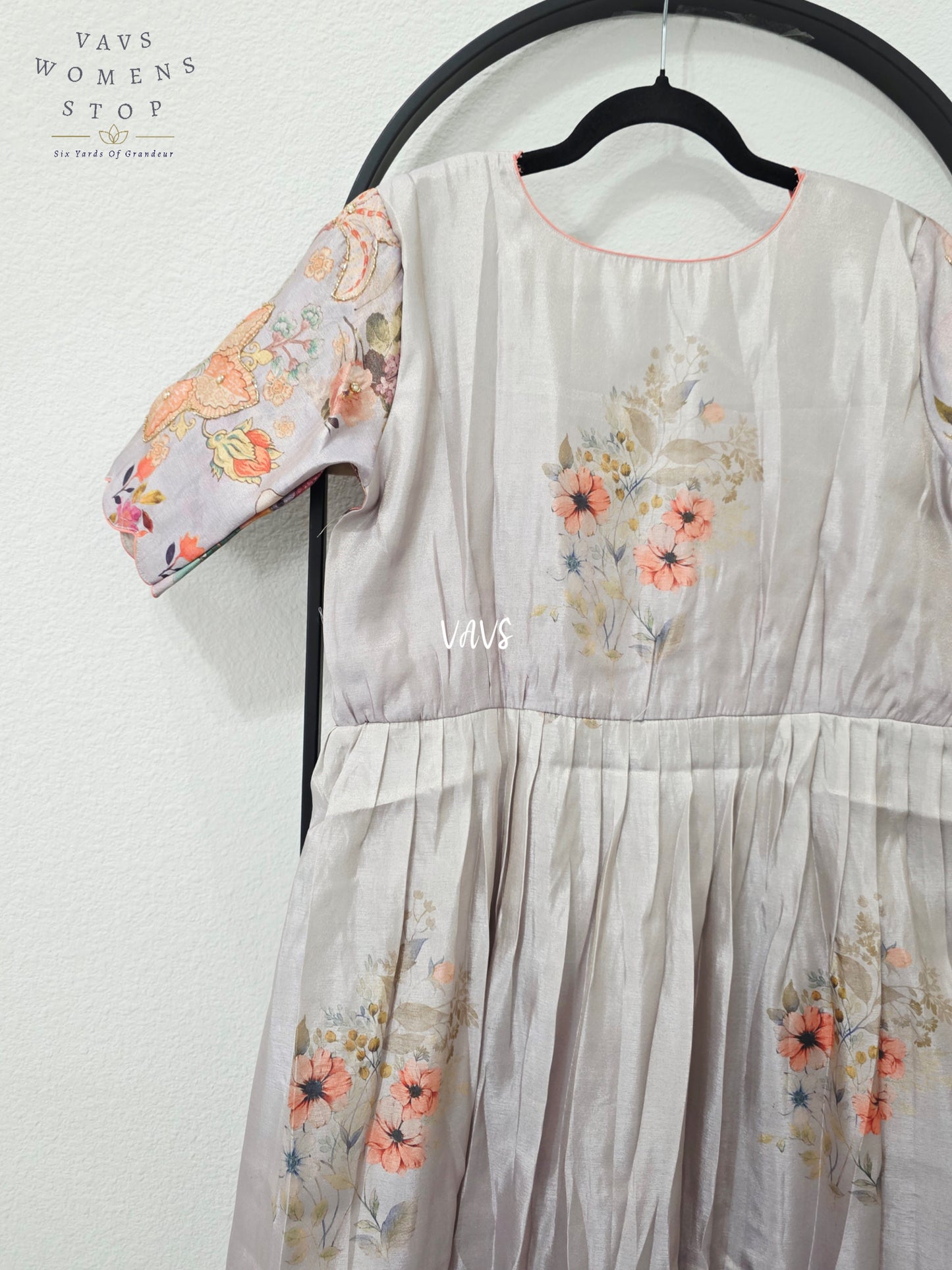 Pearl Grey Tussar Tissue Silk Floral Designer Frock – Women’s XL