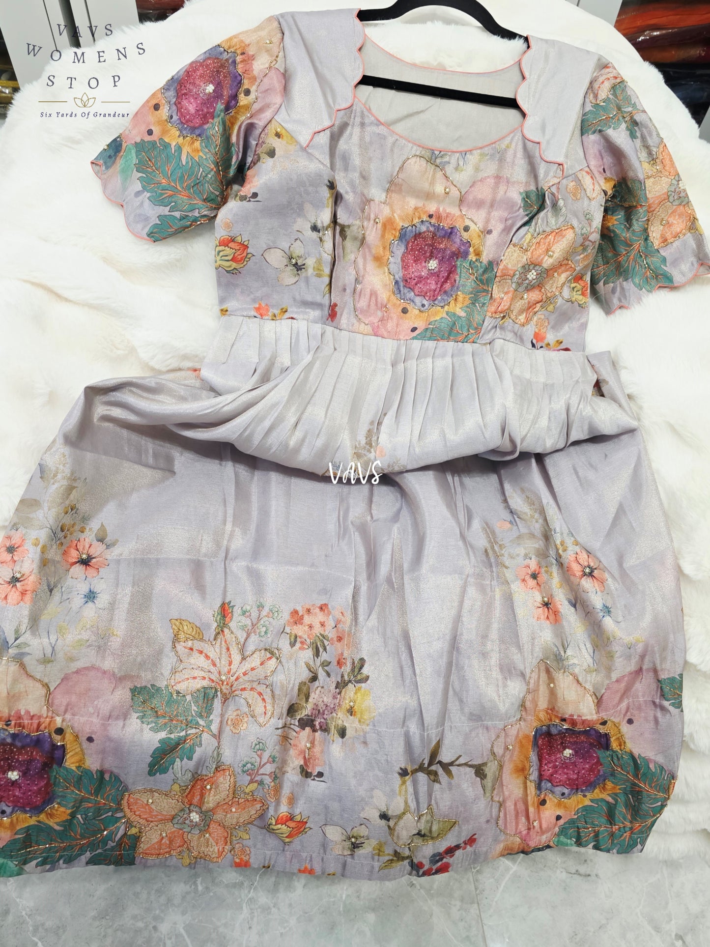 Pearl Grey Tussar Tissue Silk Floral Designer Frock – Women’s XL