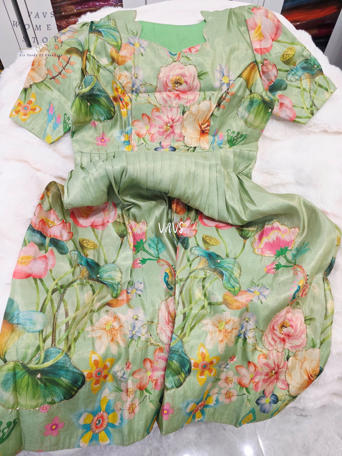 Sage Green Tussar Tissue Silk Lotus Garden Designer Frock – Women’s XL